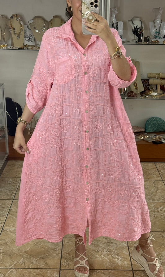 OS Sequins Embroidered Linen Maxi Dress (NO RETURNS OR EXCHANGE)