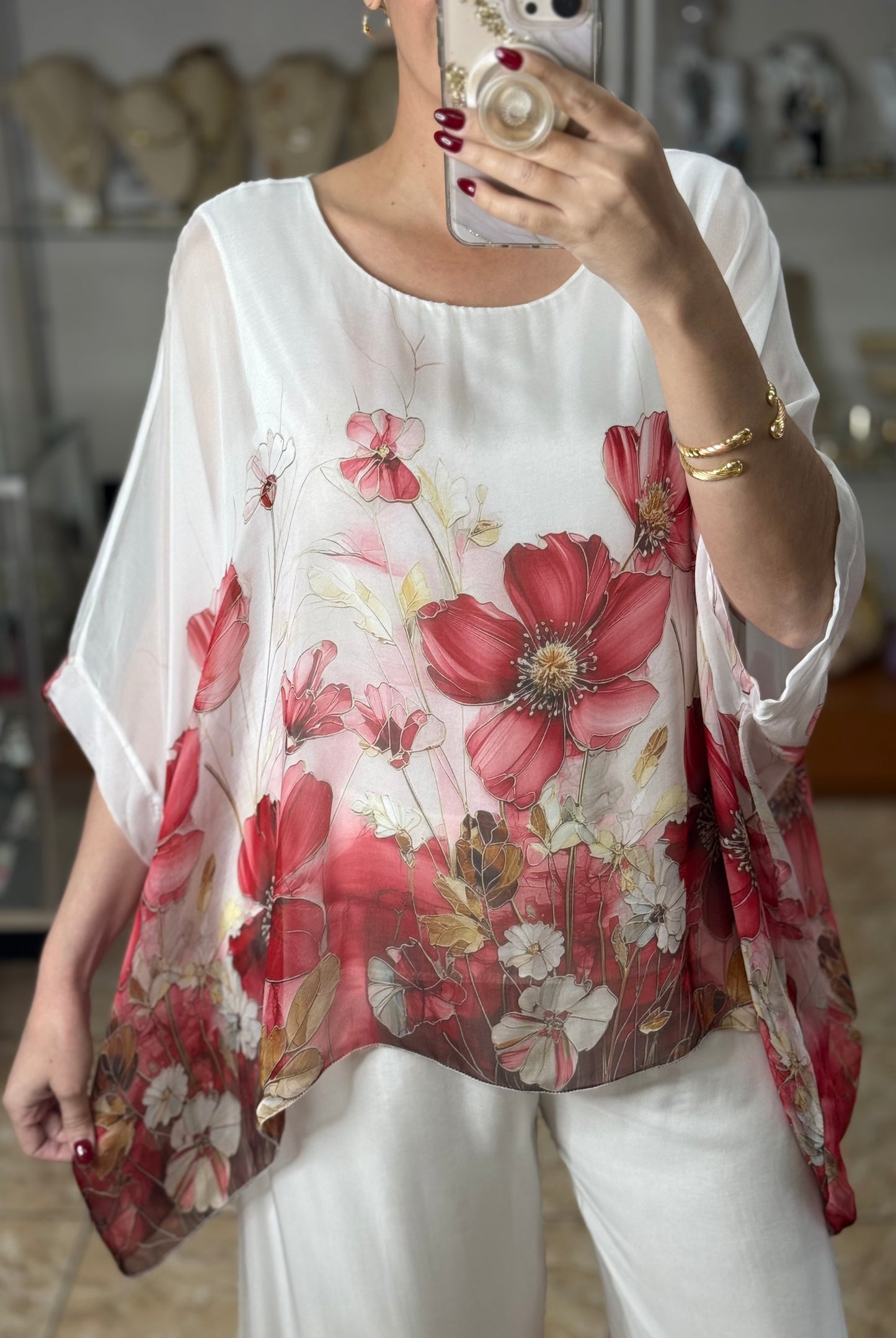 Red Flowers OS Silk Pant Set (FINAL SALE)