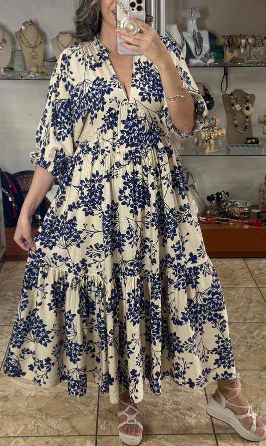 Cream/Navy Floral Maxi Dress