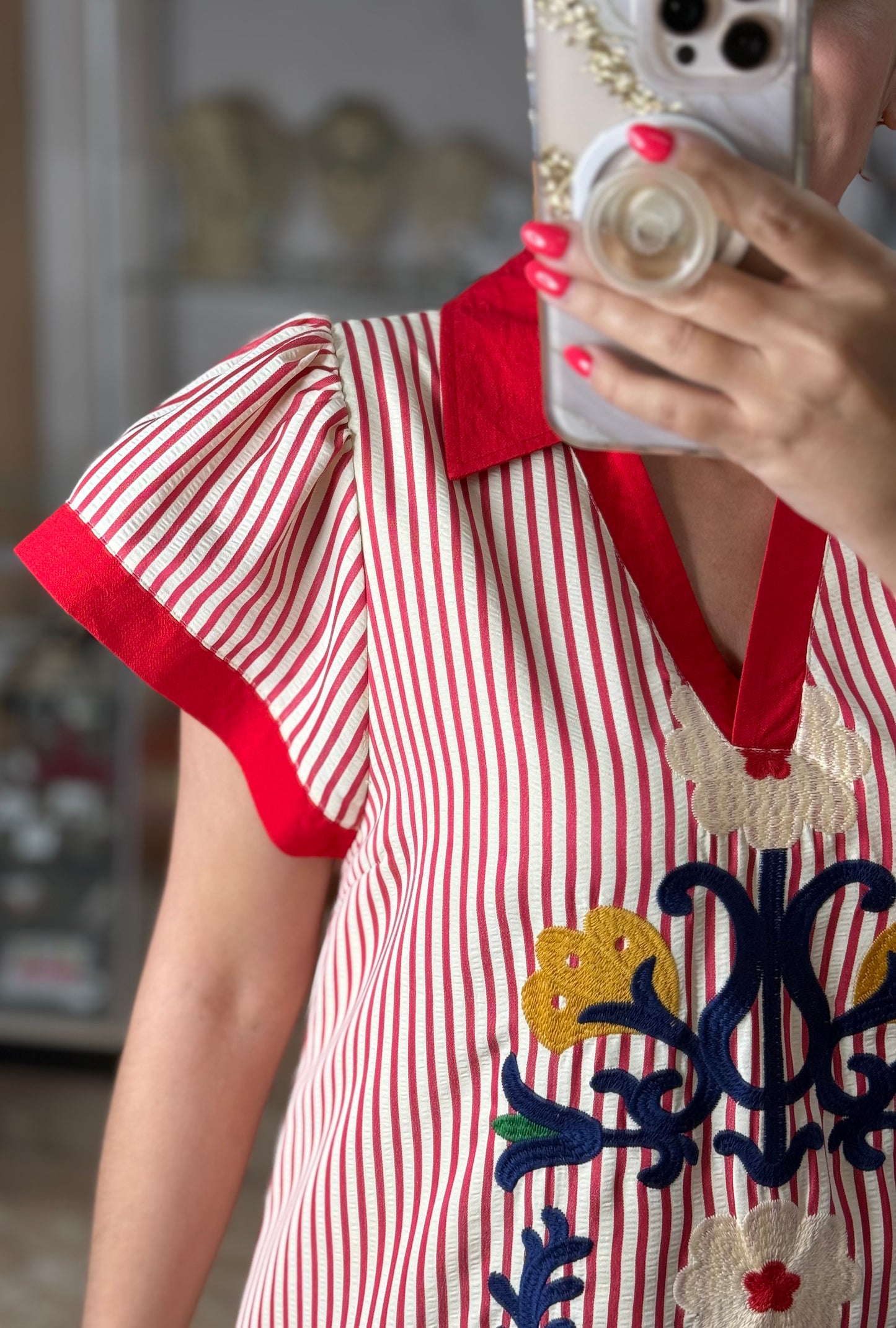 Red Stripes Embroidered Midi Dress