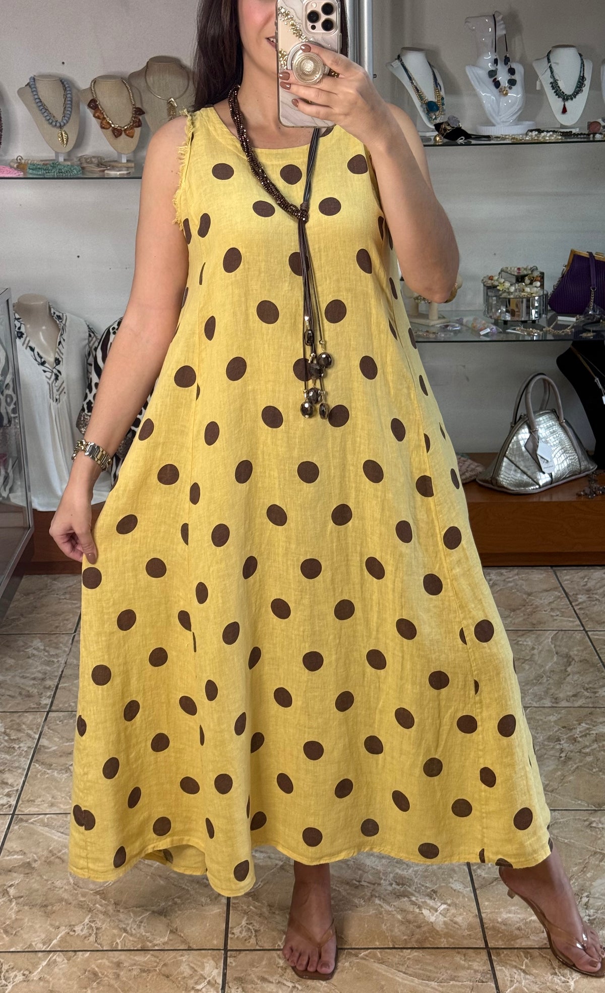 OS Linen Sleeveless Polka Dots Dress (NO RETURNS OR EXCHANGE)