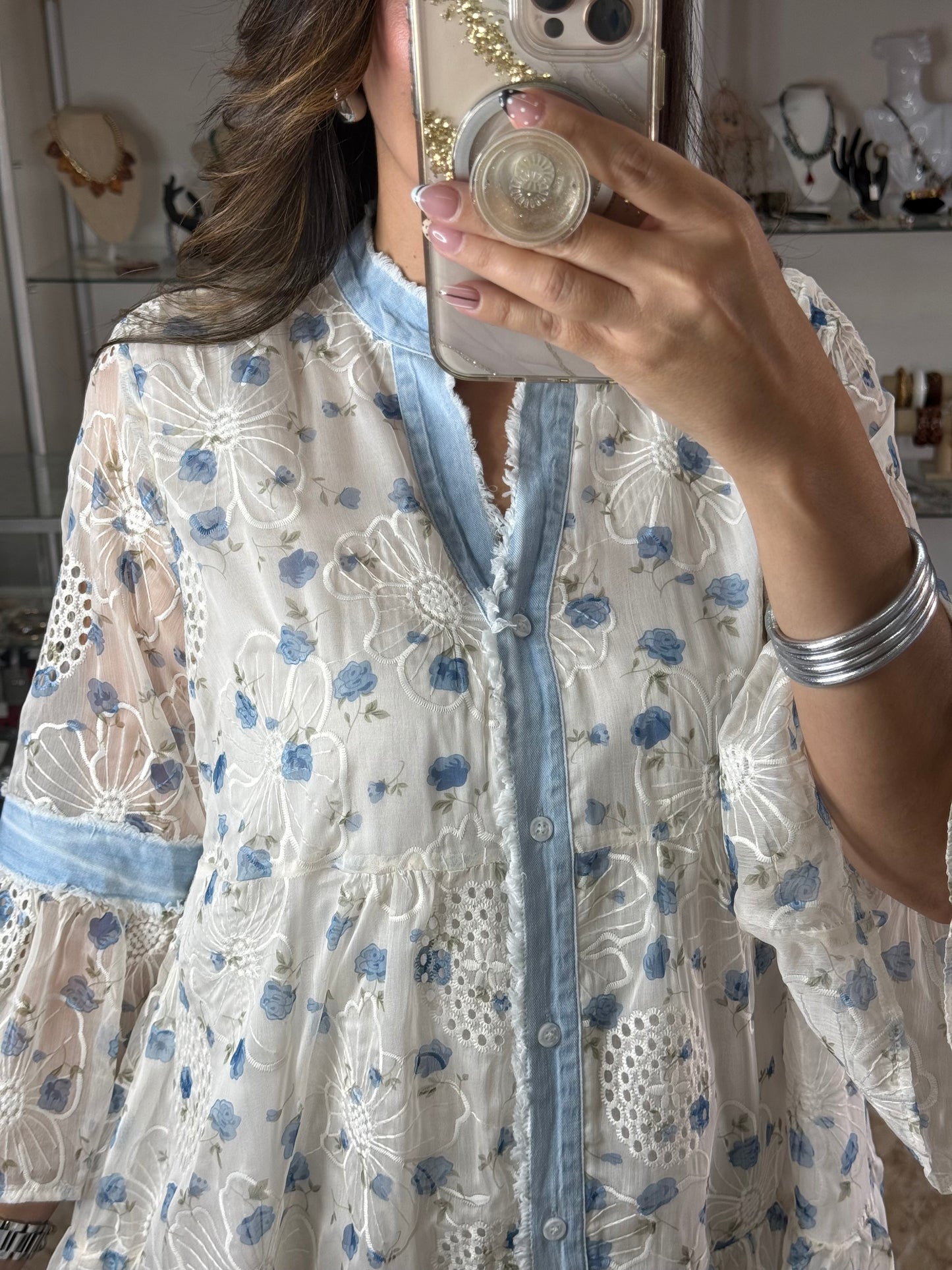 Blue Flowers OS Embroidered Maxi Dress (NO RETURNS OR EXCHANGE)