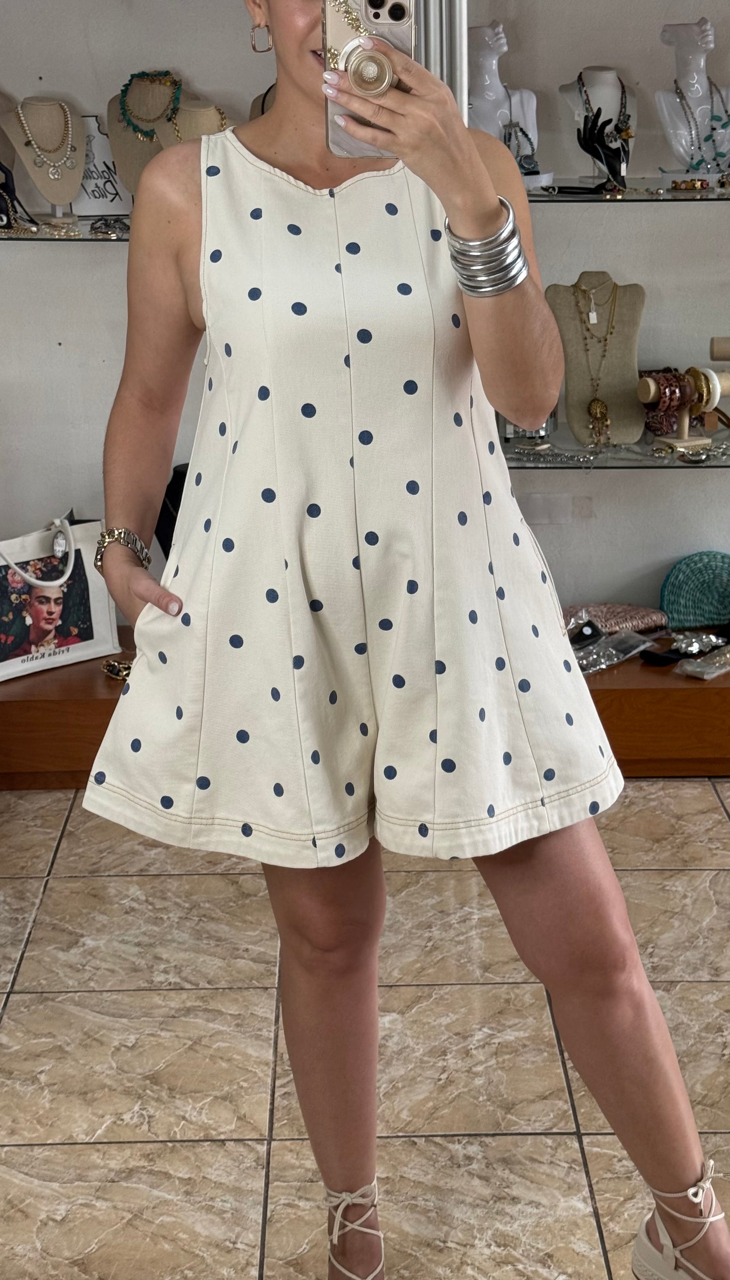 Cream/Navy Denim Romper
