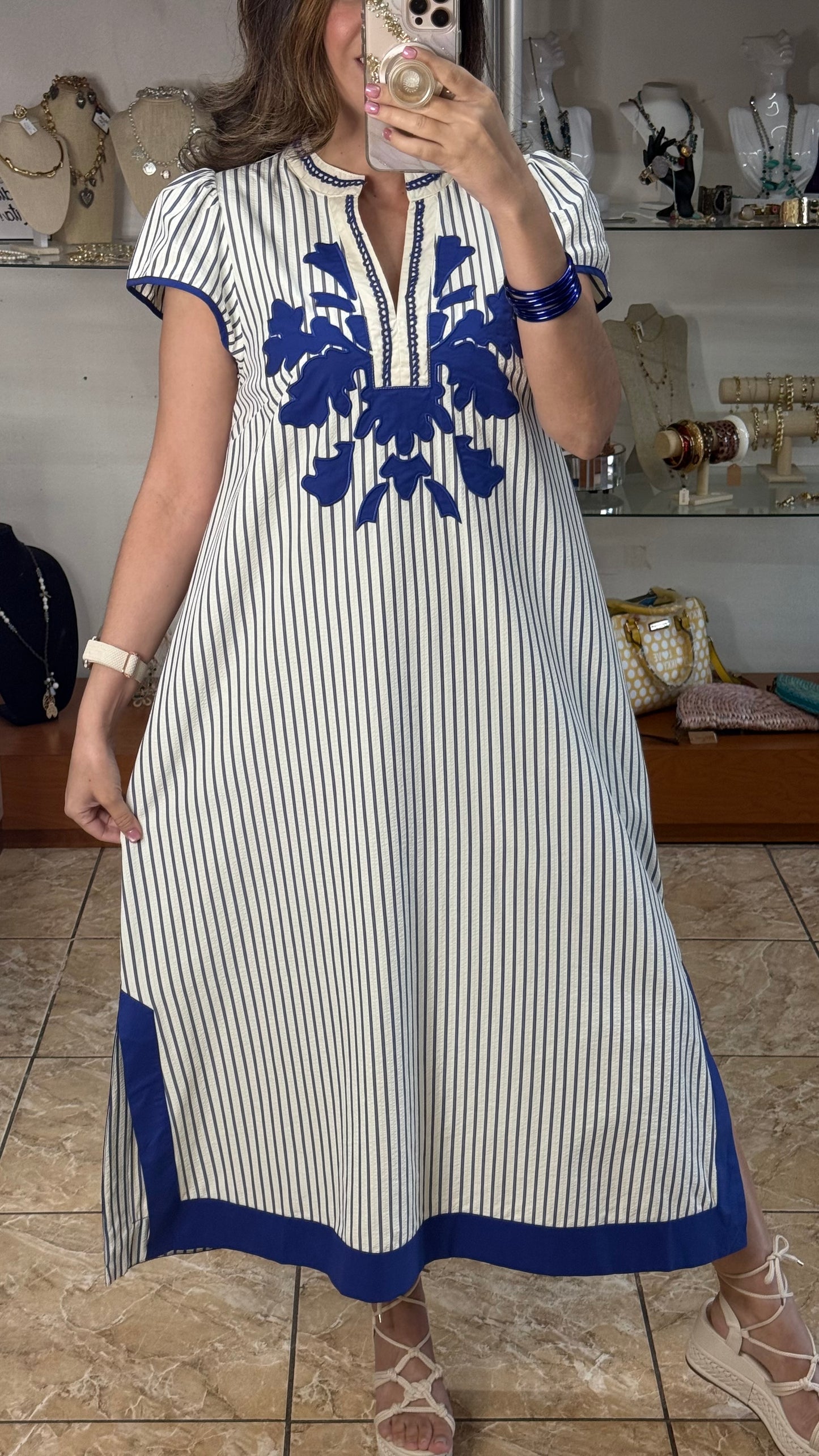 Stripes Embroidered Midi Dress