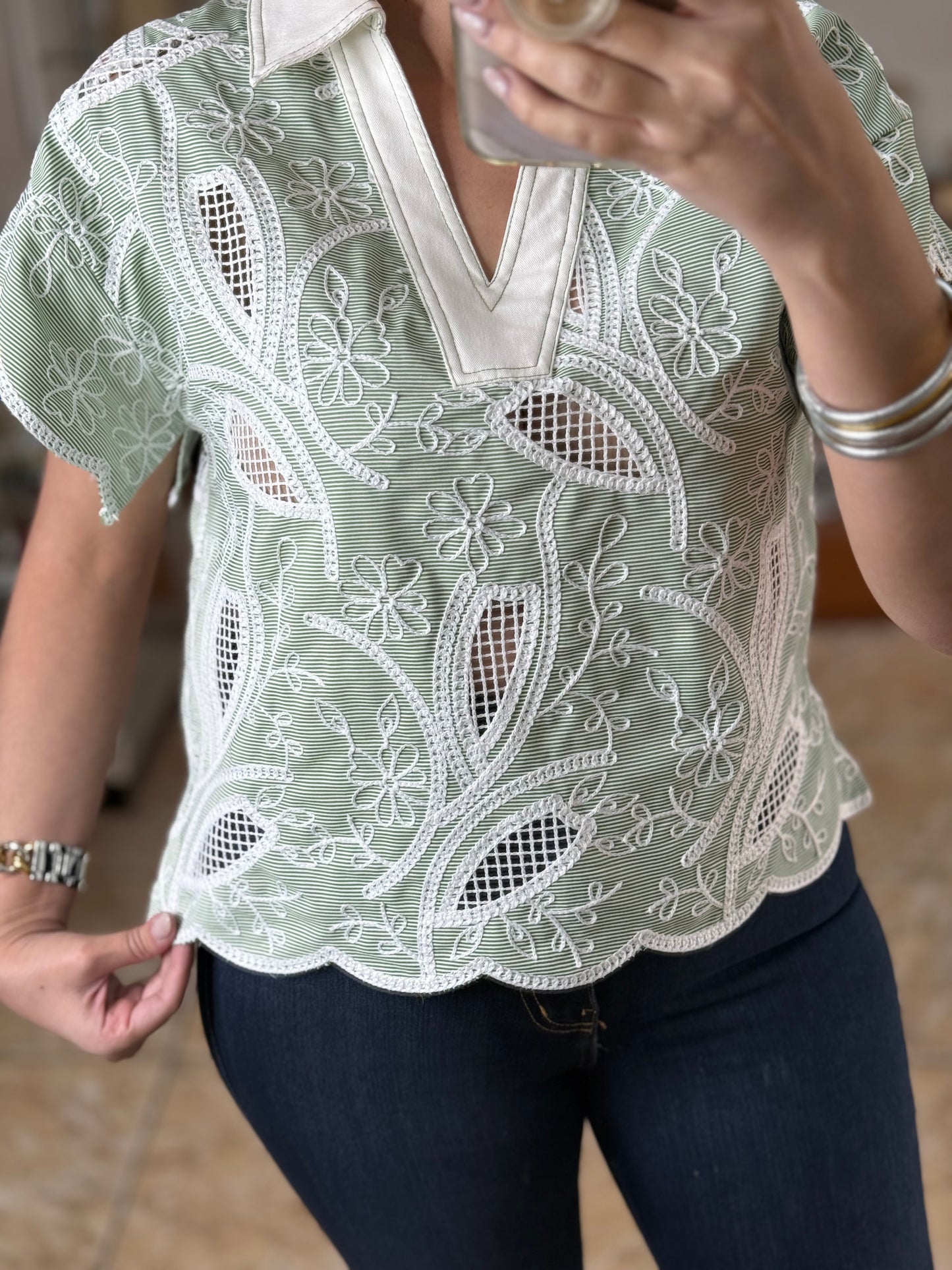Green Stripes Floral Embroidered Top
