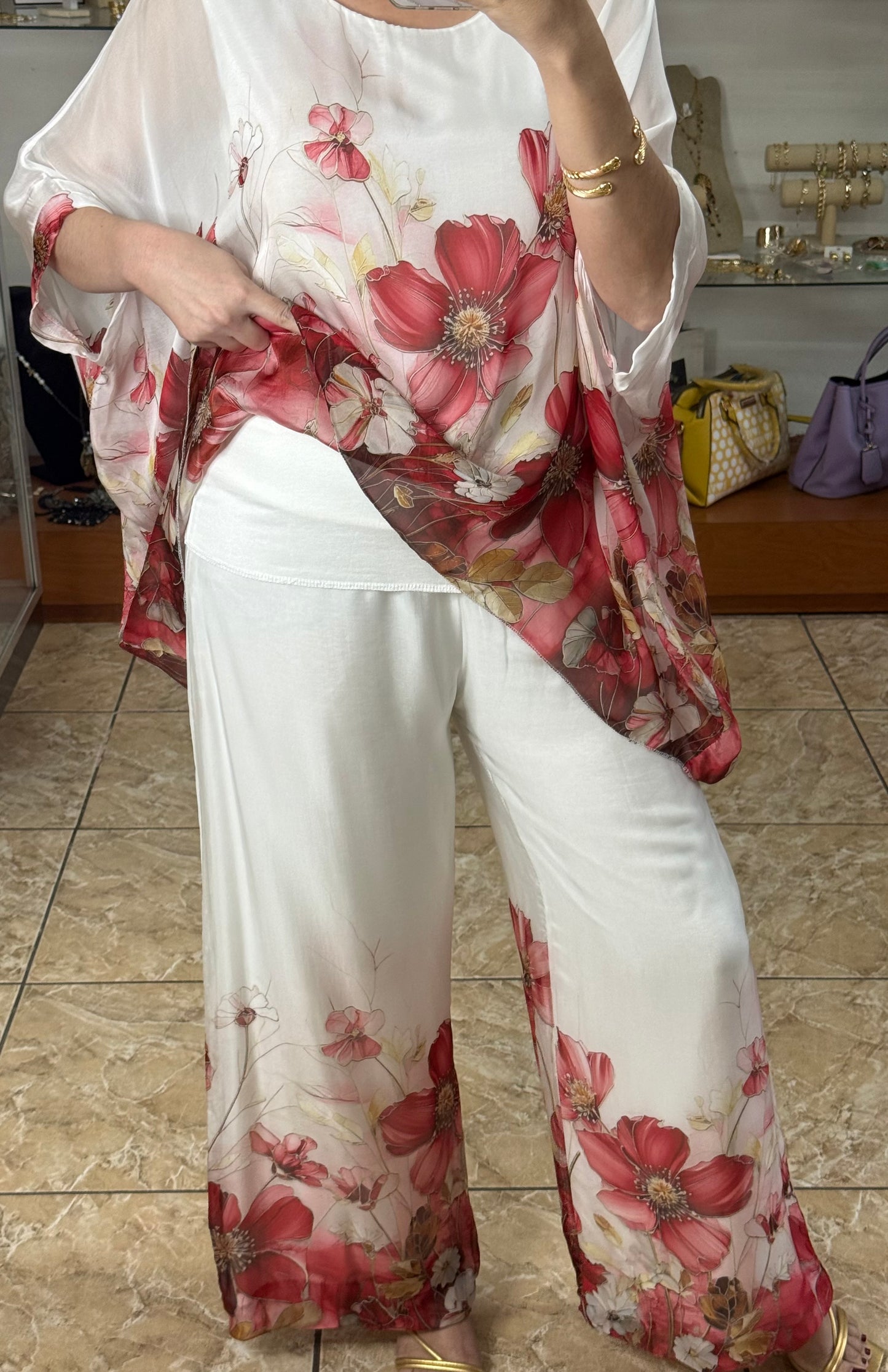 Red Flowers OS Silk Pant Set (FINAL SALE)