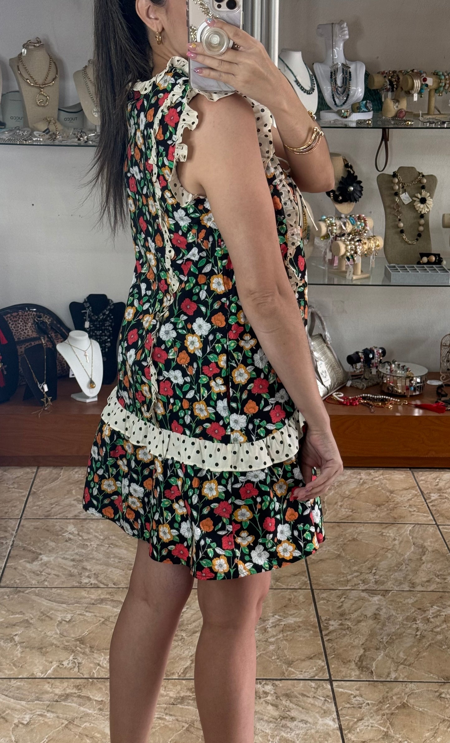 Sleeveless Polka Ruffles Floral Dress