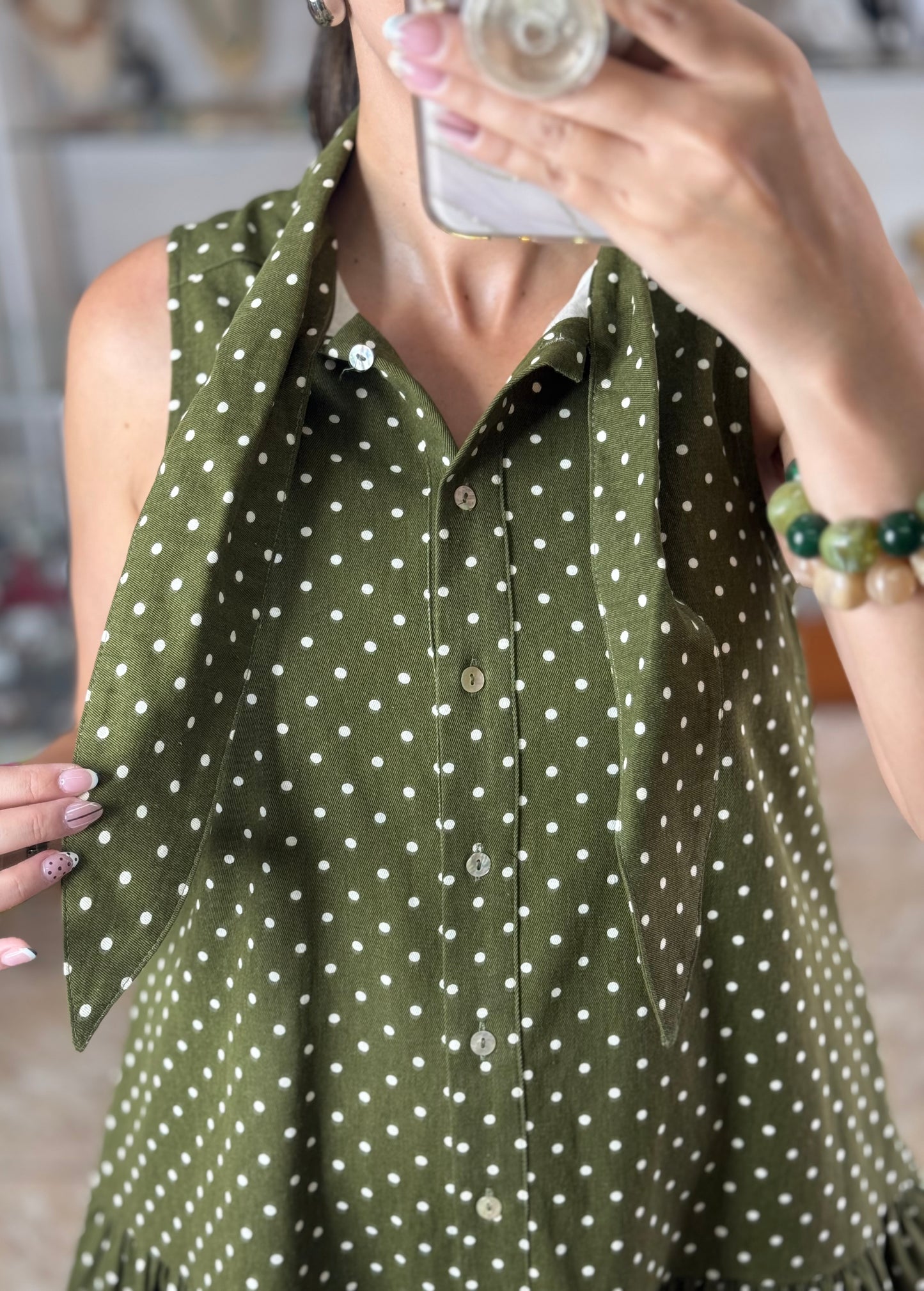 Olive Sleeveless Polkadot Mini Denim Dress