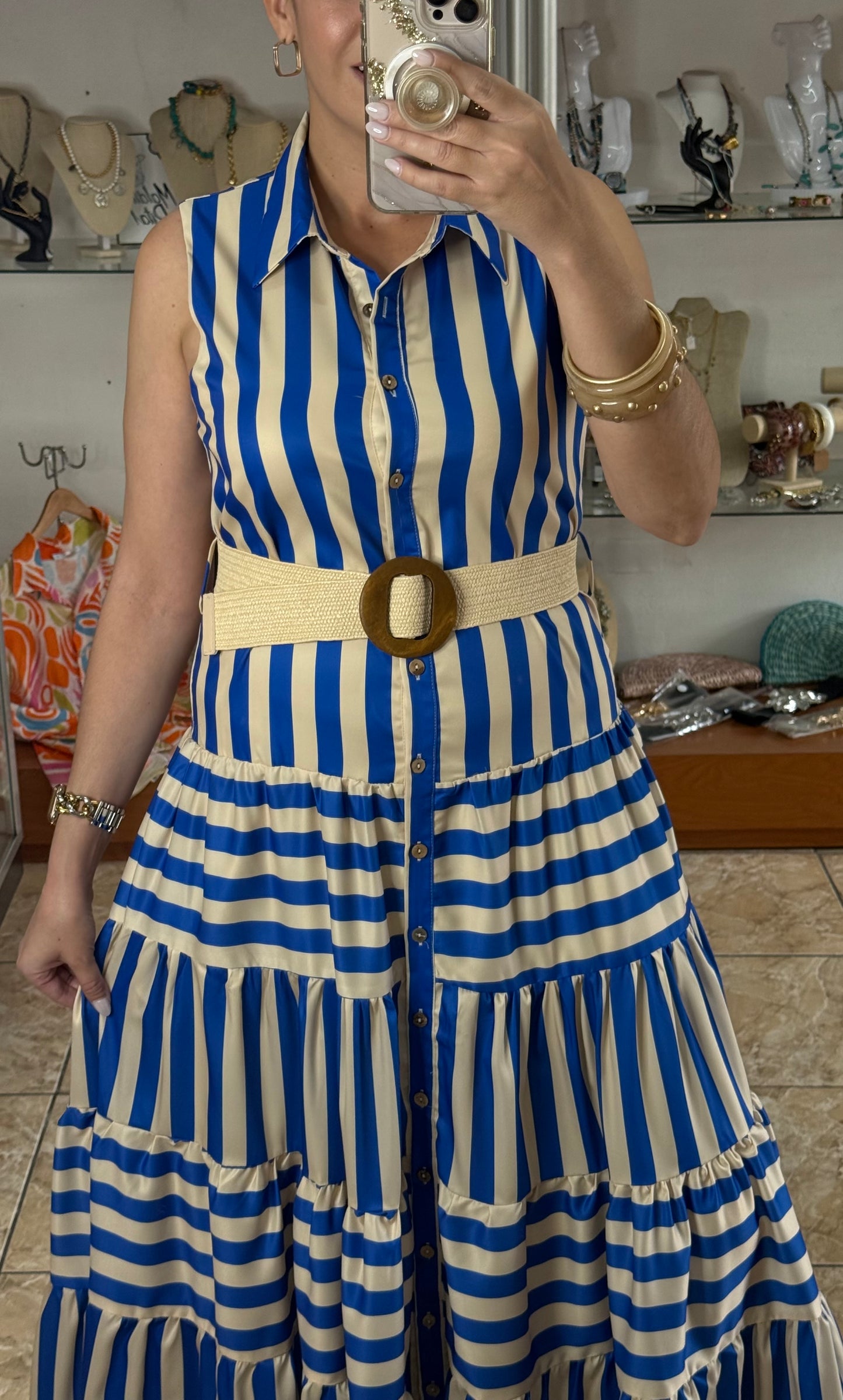 Blue Stripes Belted Maxi Dress