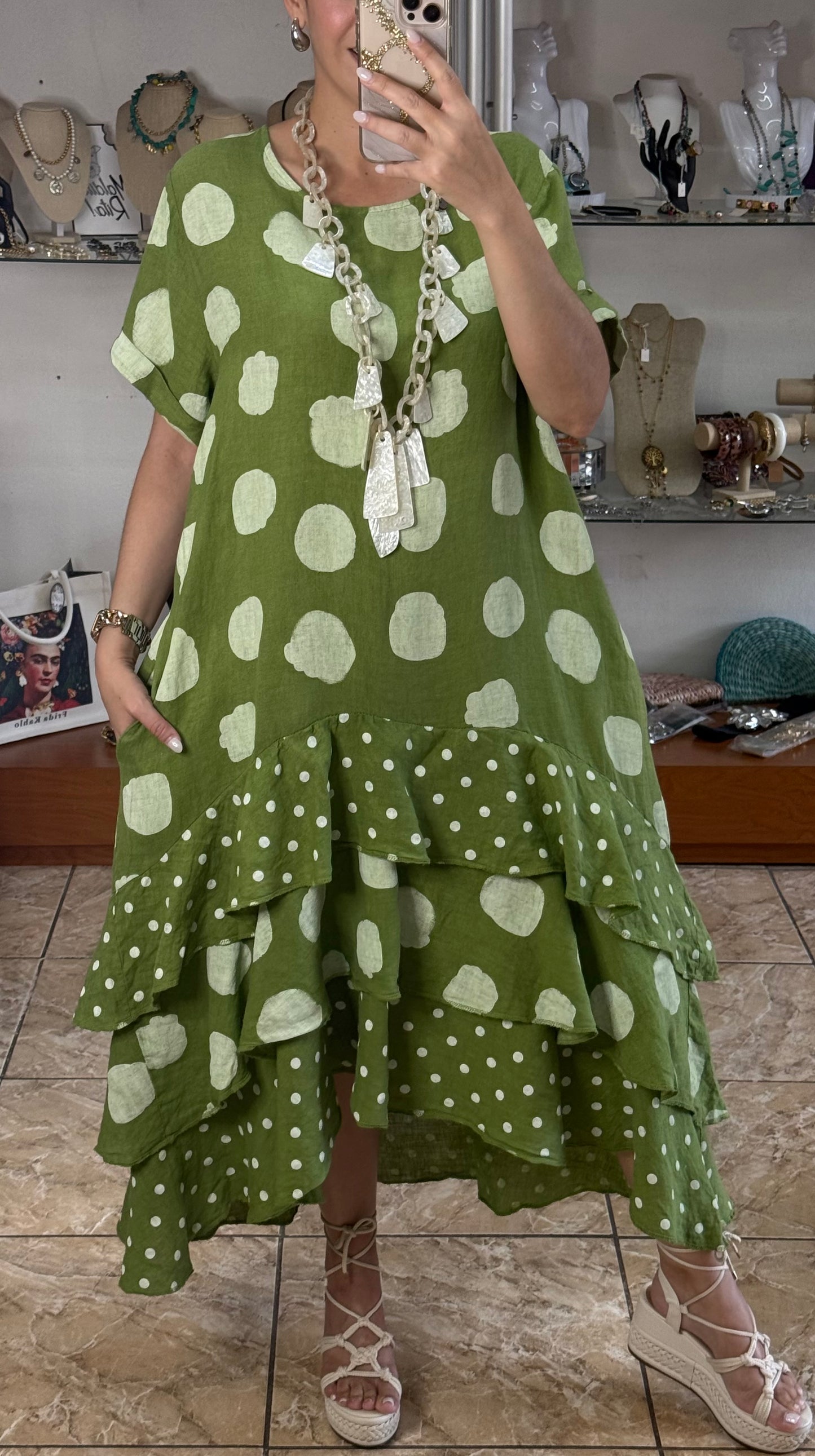 Polka OS Ruffle Tiered Linen Midi Dress (NO RETURNS OR EXCHANGE)