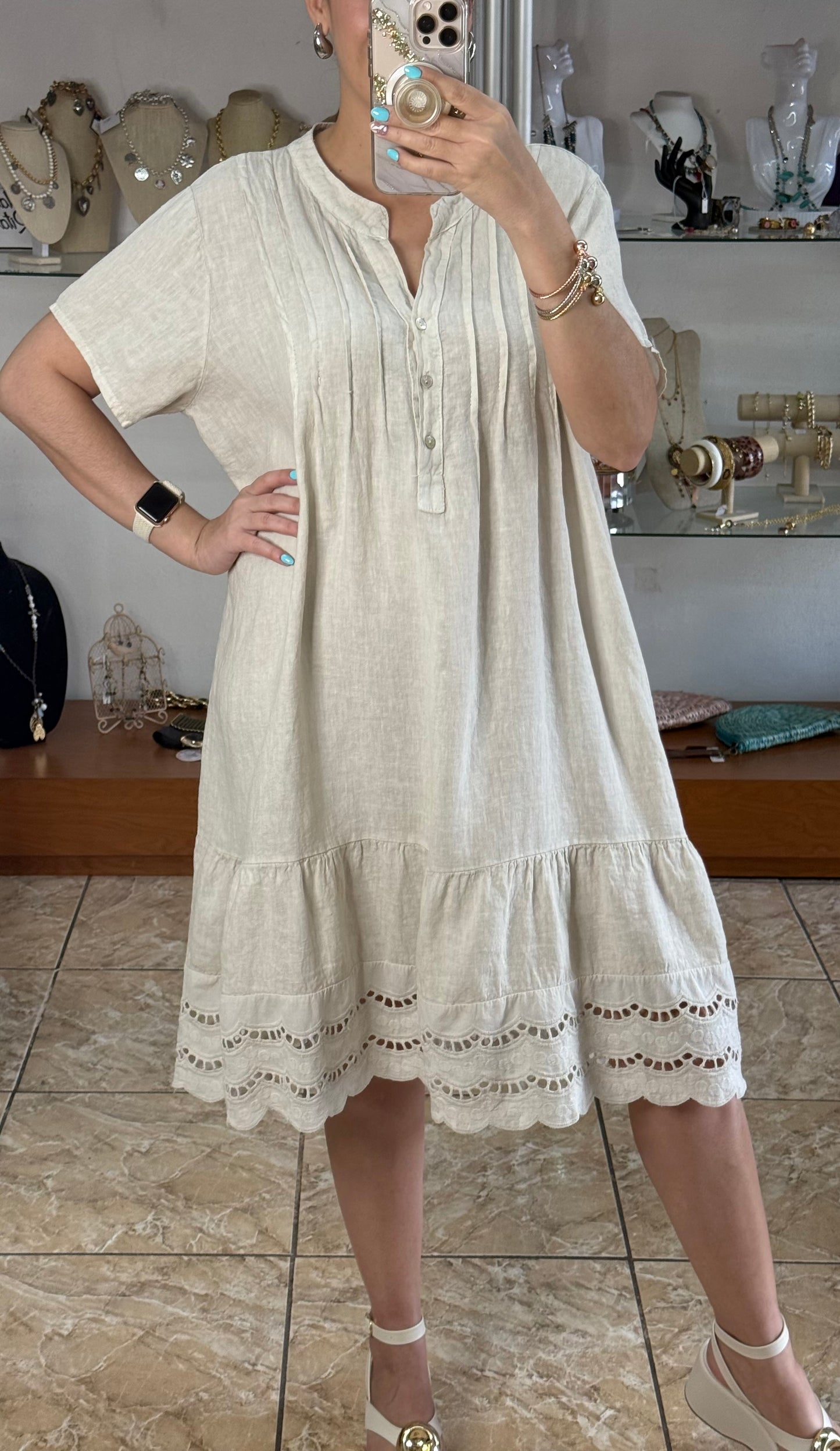 Eyelet Trim OS Linen Midi Dress (FINAL SALE)