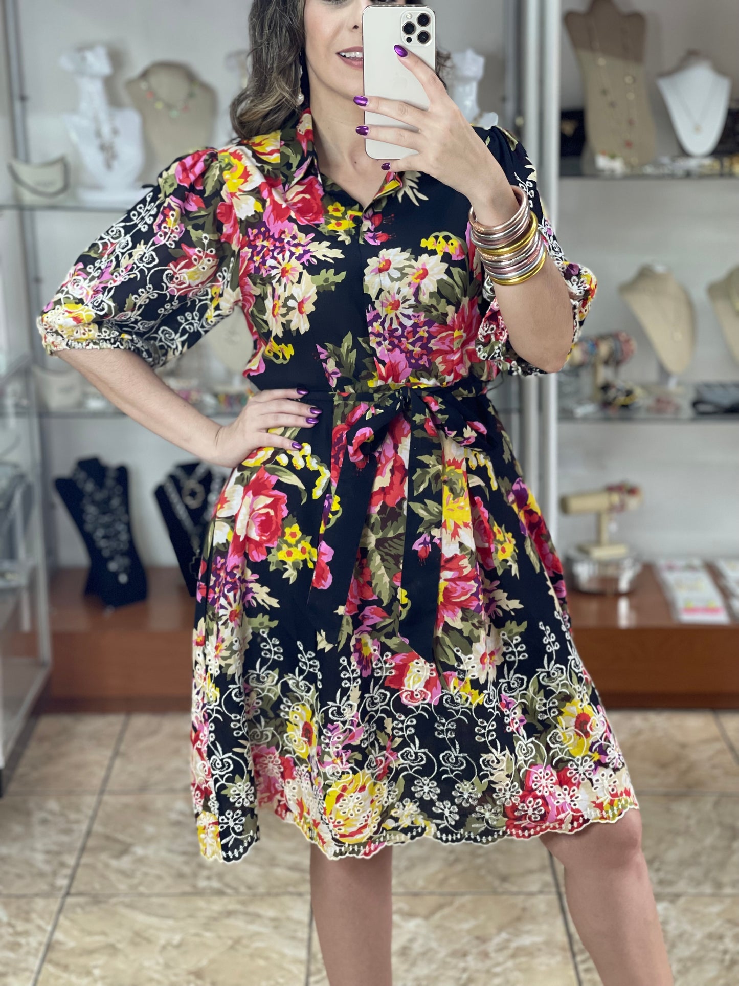 Black Floral Eyelet Dress