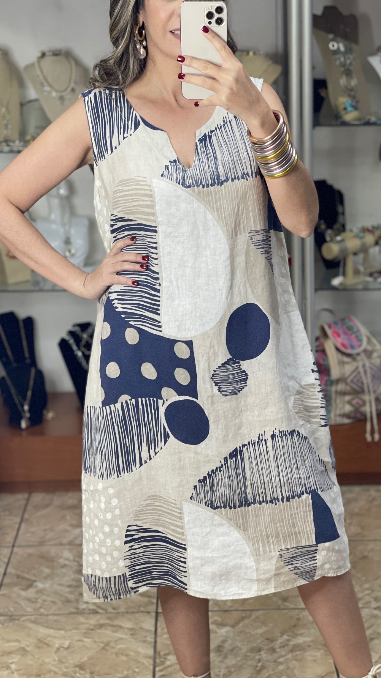 Sleeveless OS Geometric Linen Dress