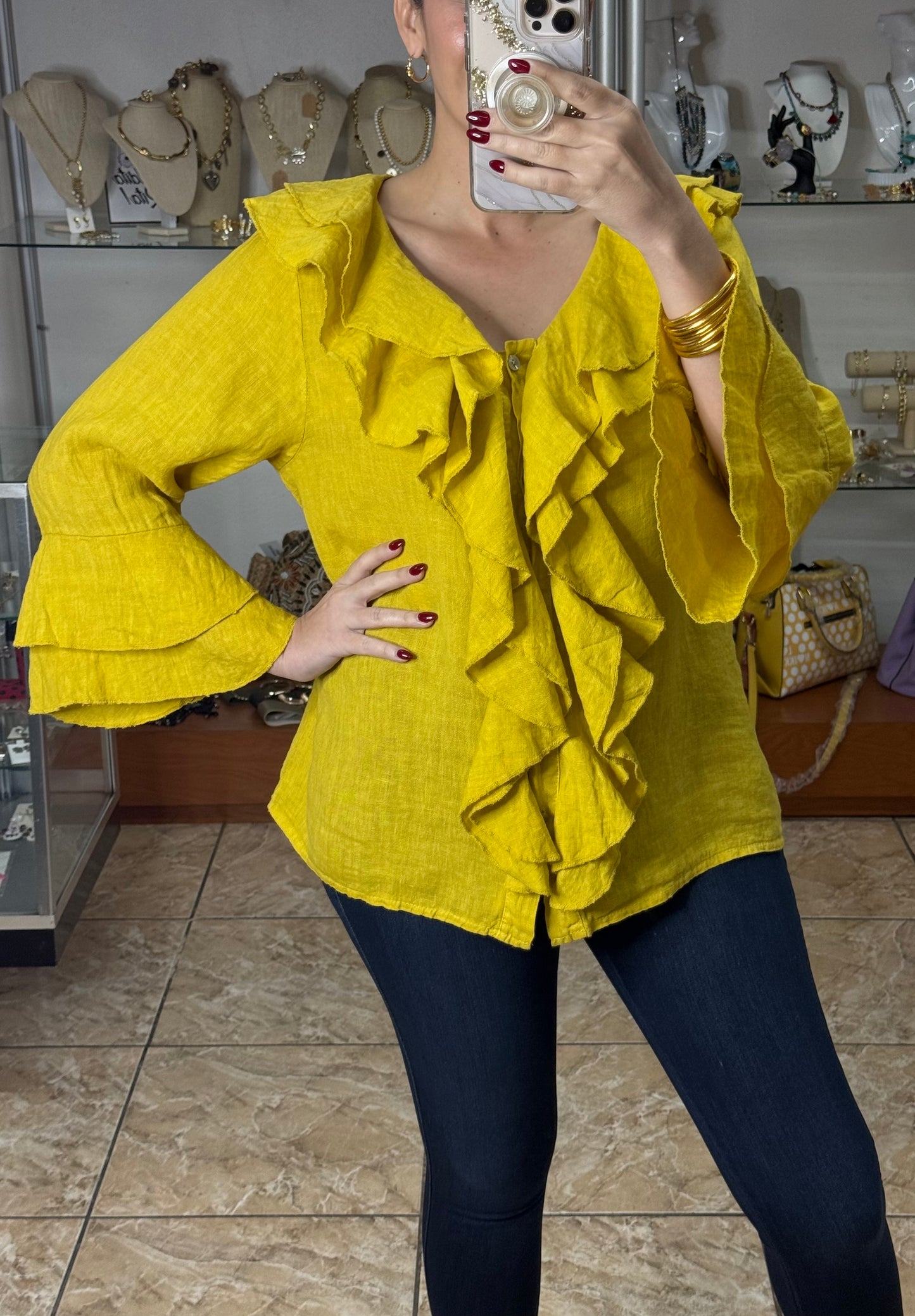 OS Long Sleeve Ruffled Linen Top (FINAL SALE)