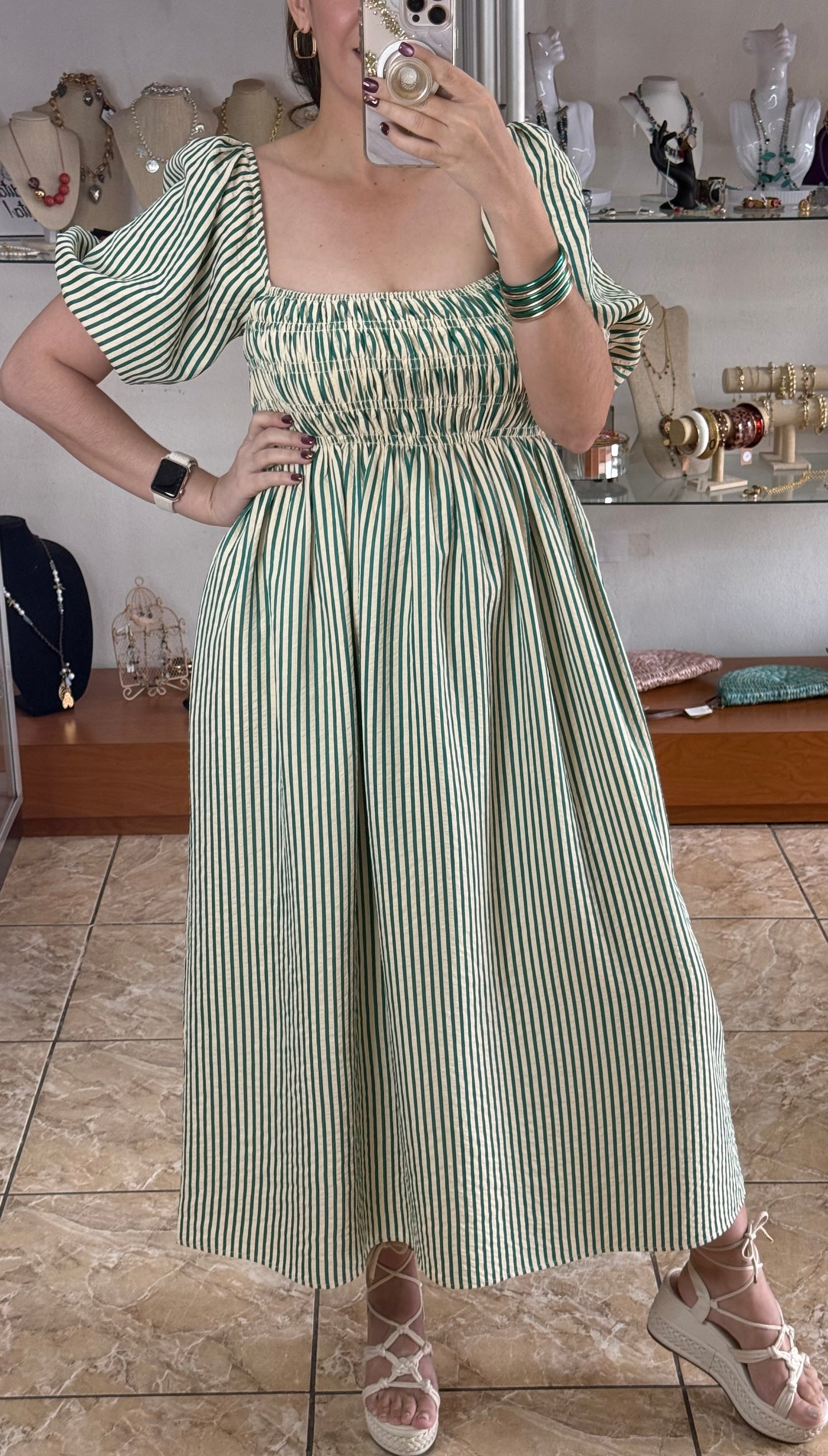 Green Stripes Square Neck Midi Dress
