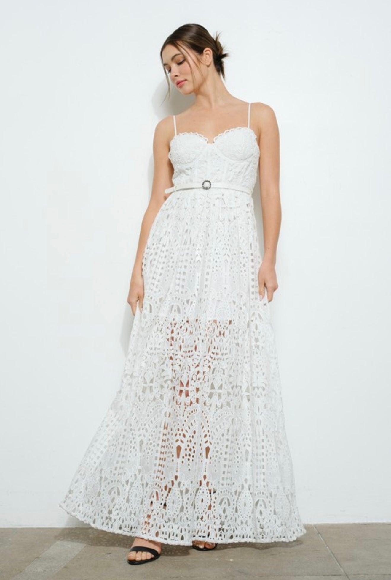 White Lace Maxi Dress with Belt (FINAL SALE)