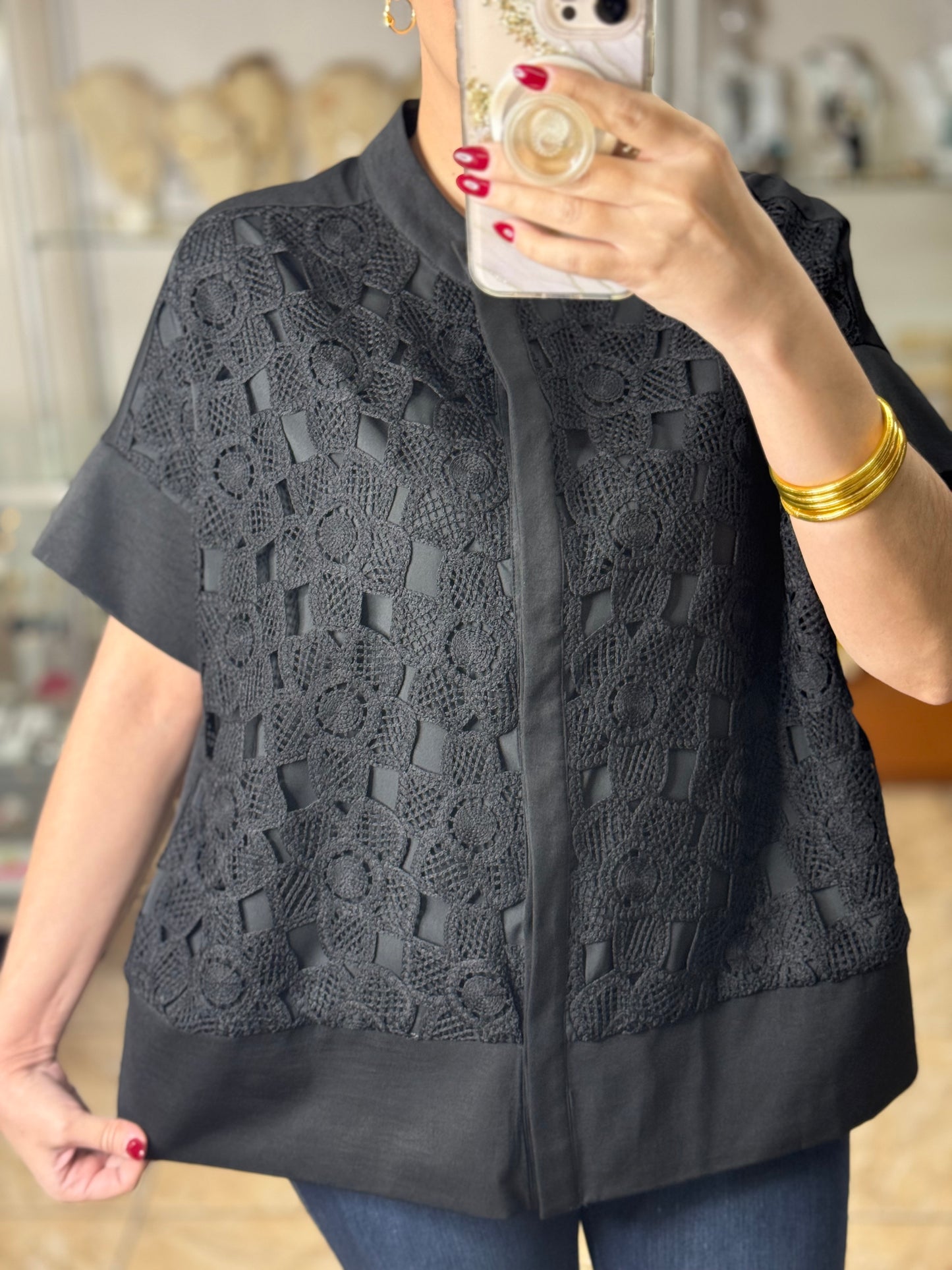 Black/Crochet Details Top