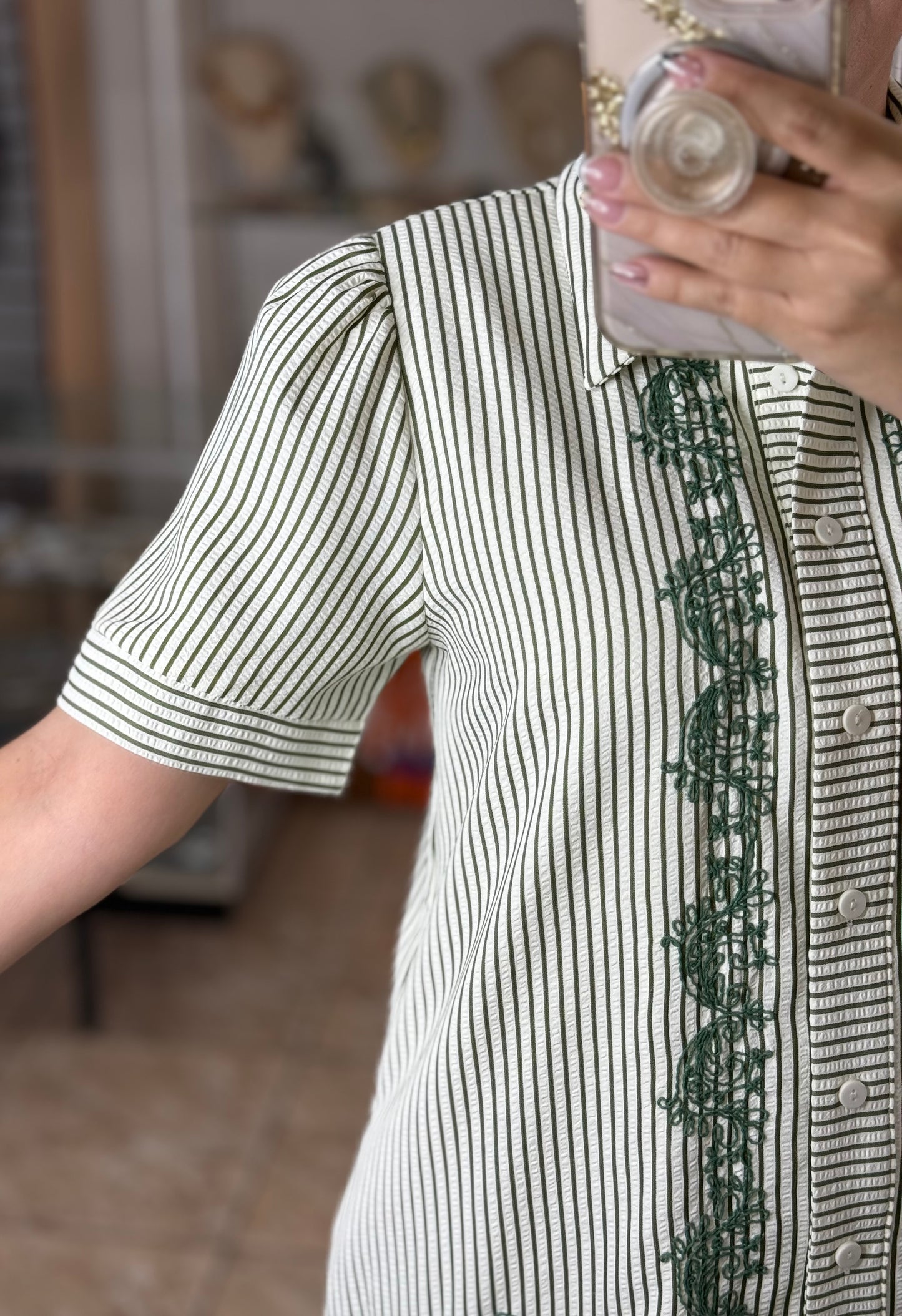 Olive Mix Stripes/Embroidered Dress