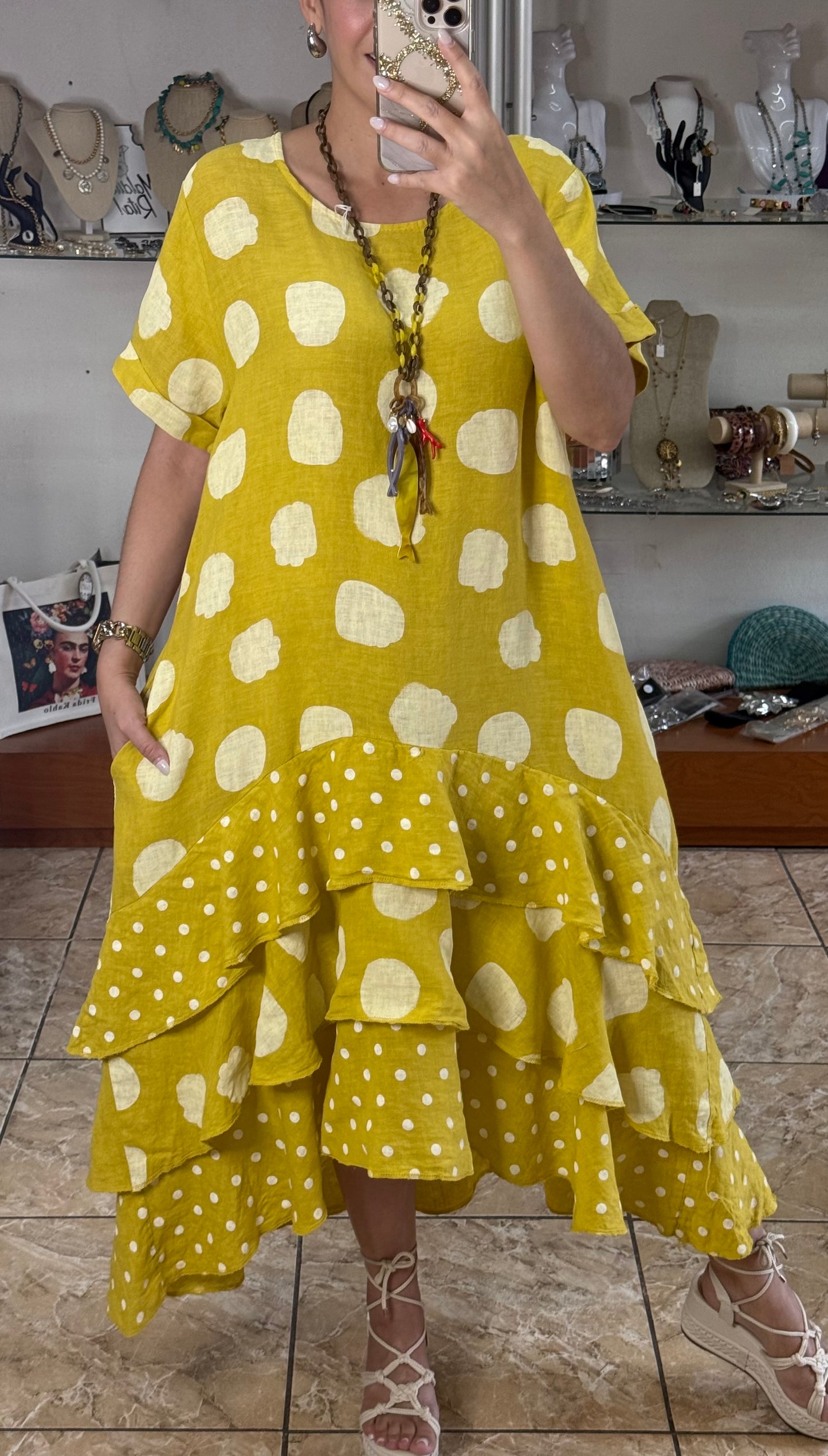 Polka OS Ruffle Tiered Linen Midi Dress (NO RETURNS OR EXCHANGE)