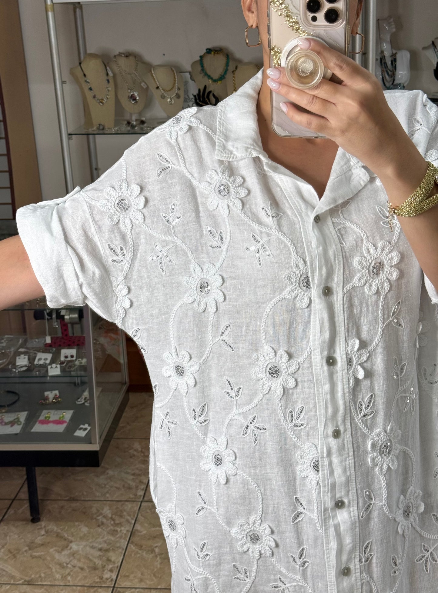 OS Embroidered/Sequins Linen Maxi Dress (NO RETURNS OR EXCHANGE)
