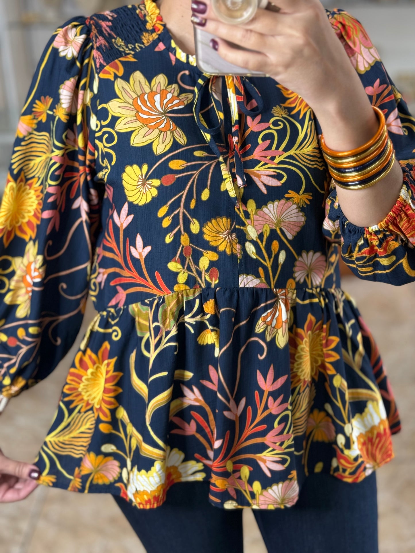 Navy/Orange Mix Floral Top
