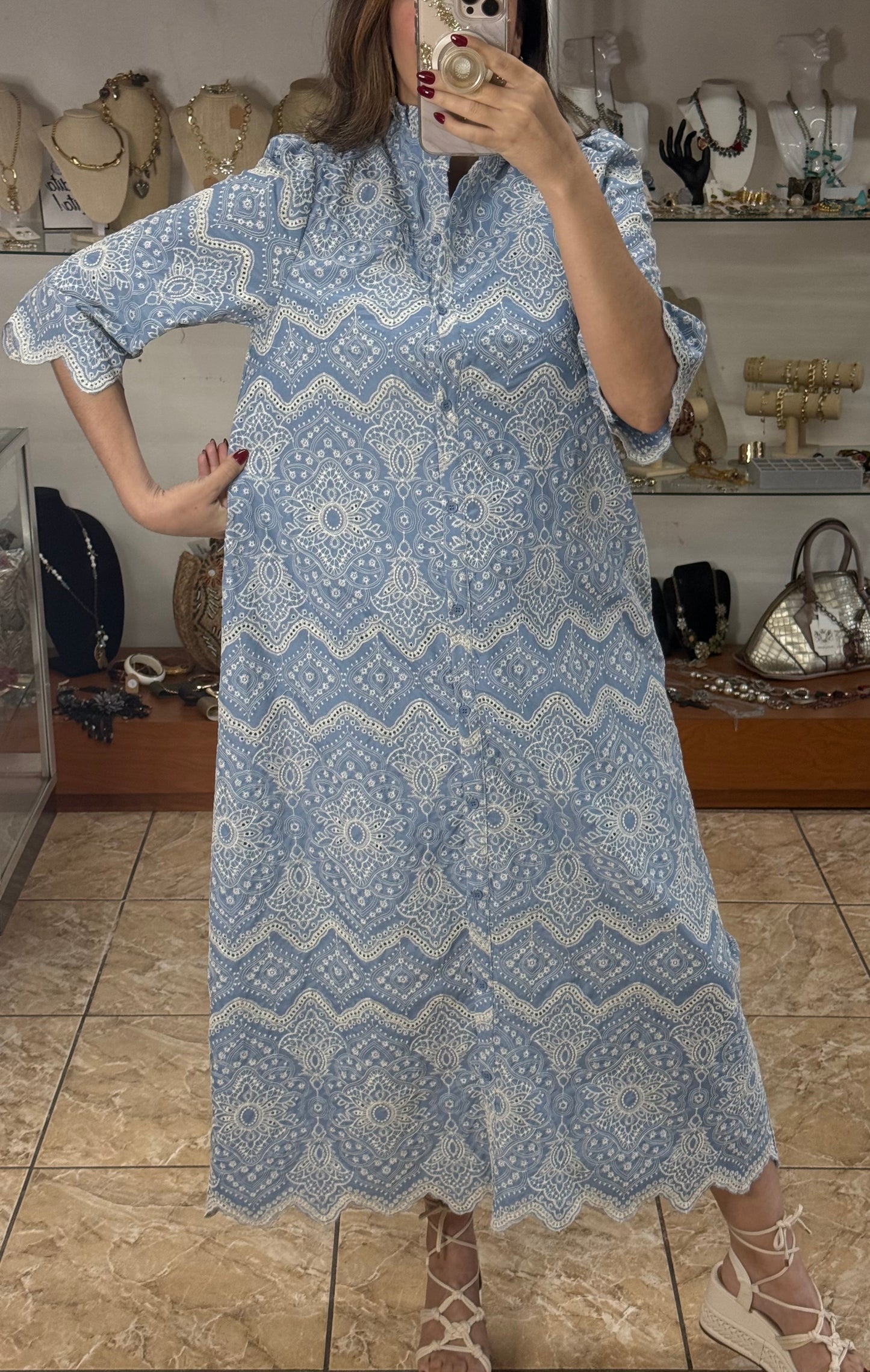 Blue Embroidered Eyelet Midi Dress