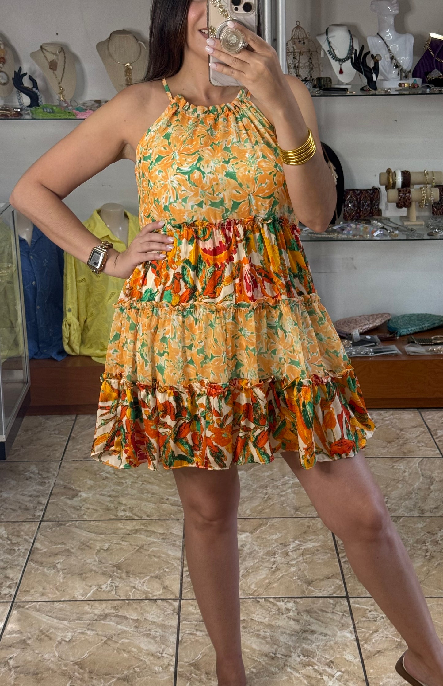 Orange Halter Floral Mini Dress