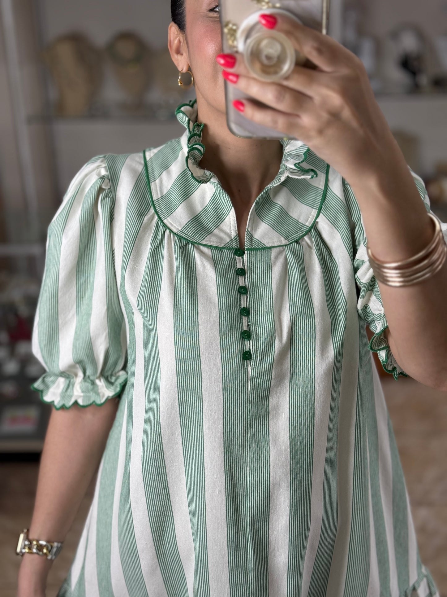 Green Stripes Ruffle Dress