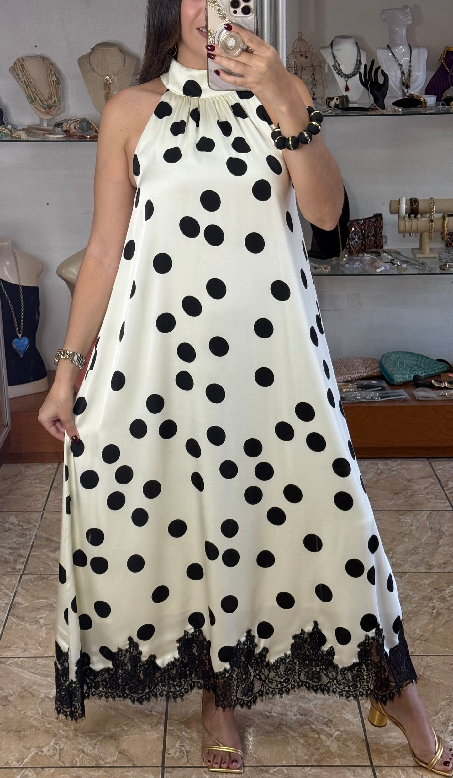Halter Cream/Black Polkadots with Lace Maxi Dress (NO RETURNS OR EXCHANGE)