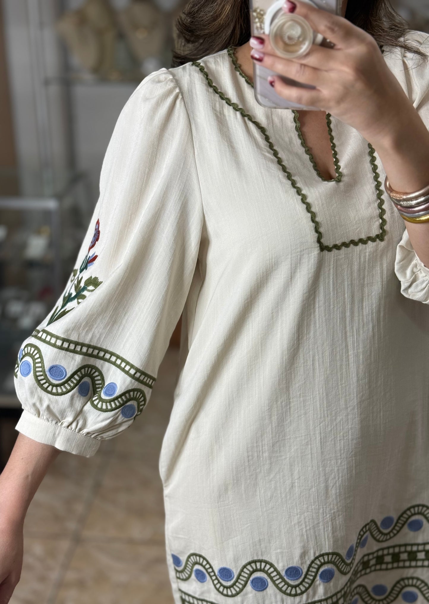 Ecru Embroidered Mini Dress