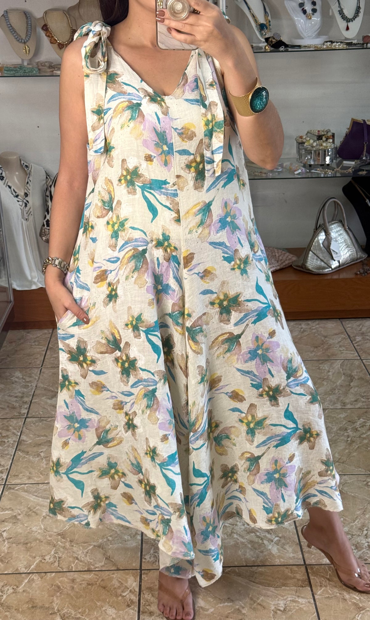 OS Pastel Floral Linen Jumpsuit (NO RETURNS OR EXCHANGE)