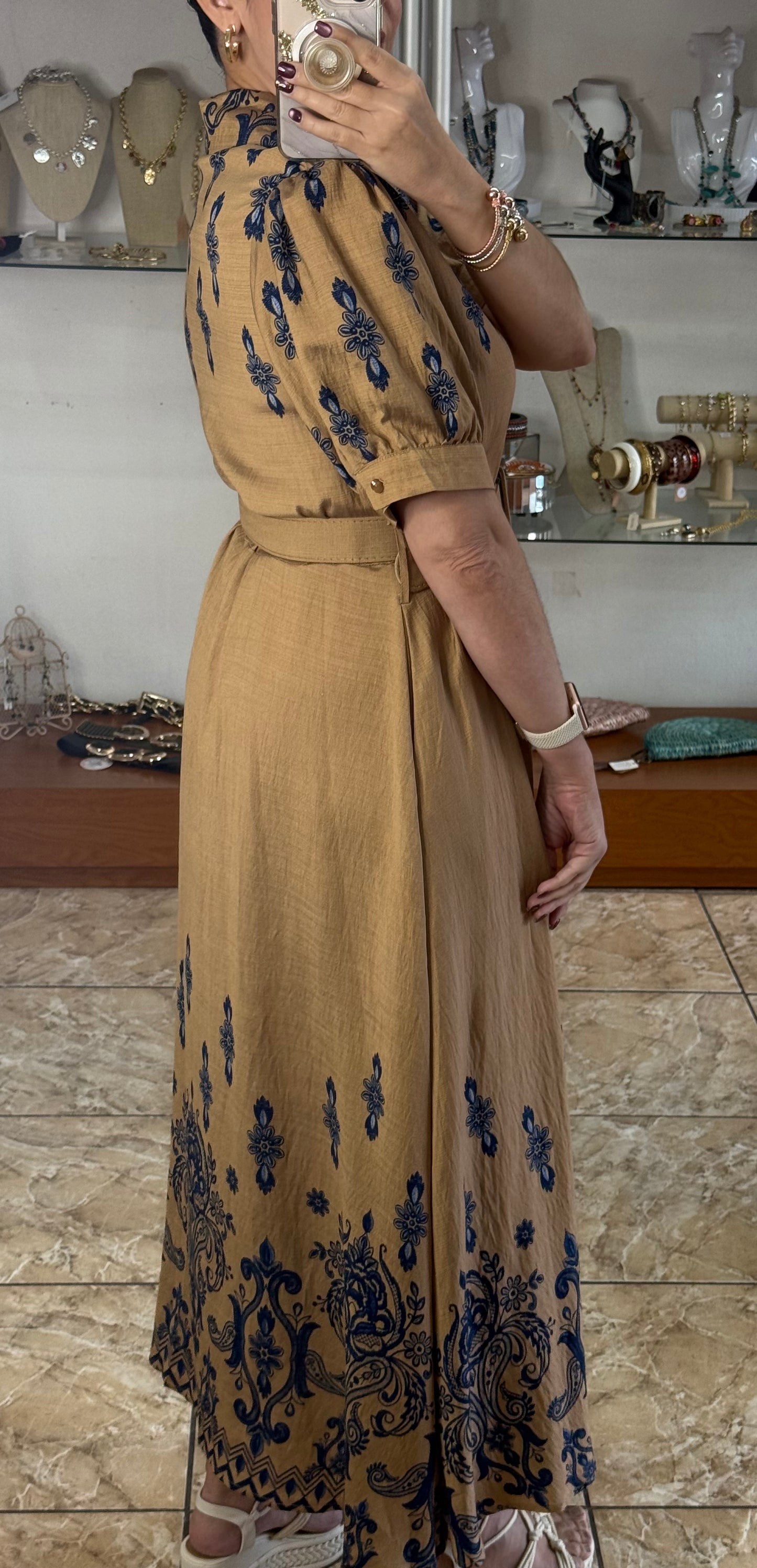 Khaki/Blue Maxi Floral Button Down Dress (Reg and Plus)