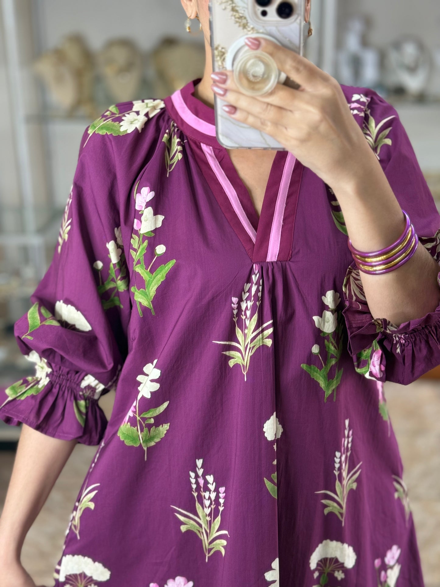 Floral Tunic Dress with Contrast Trim