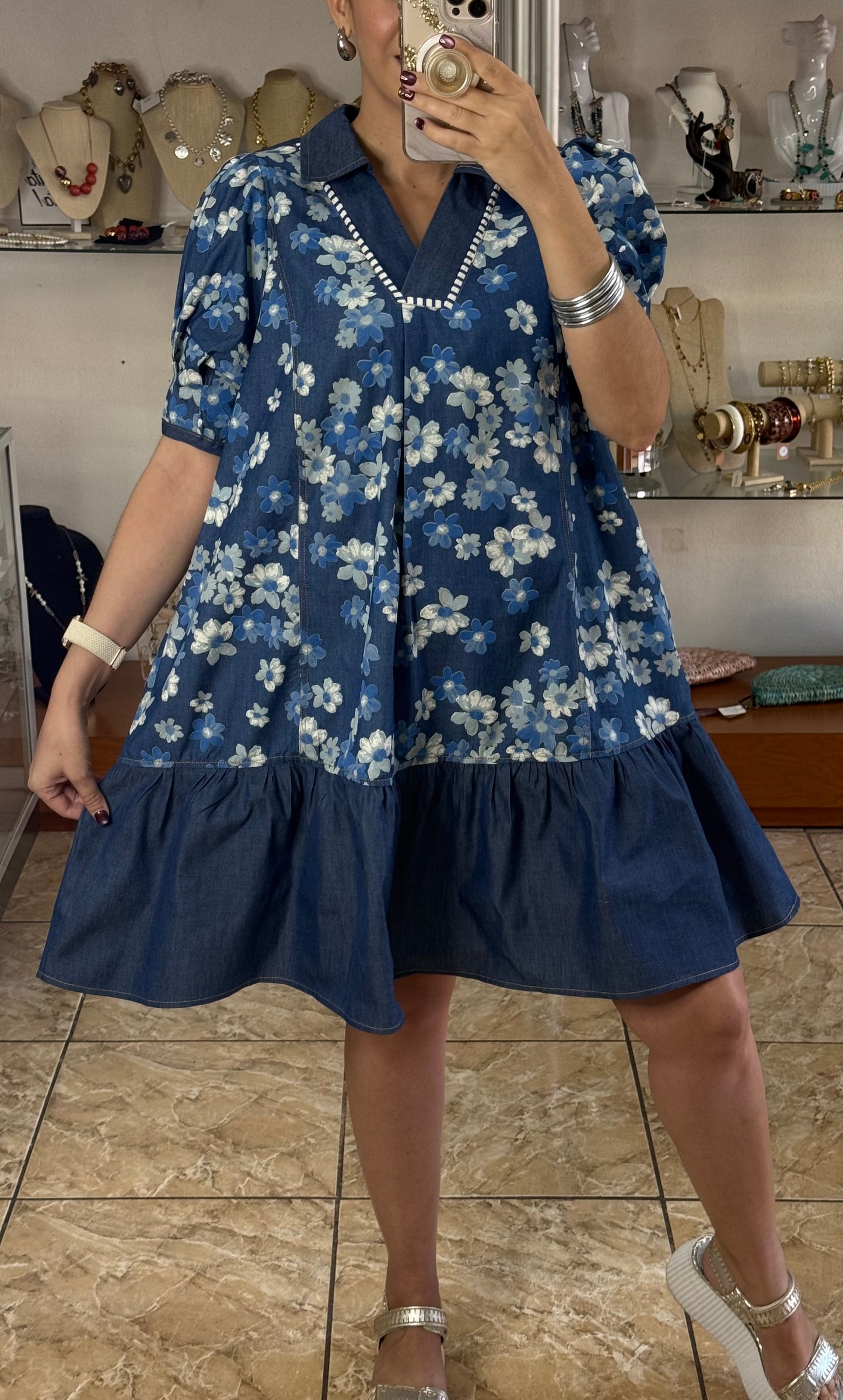 Chambray Floral Puff Sleeves Dress