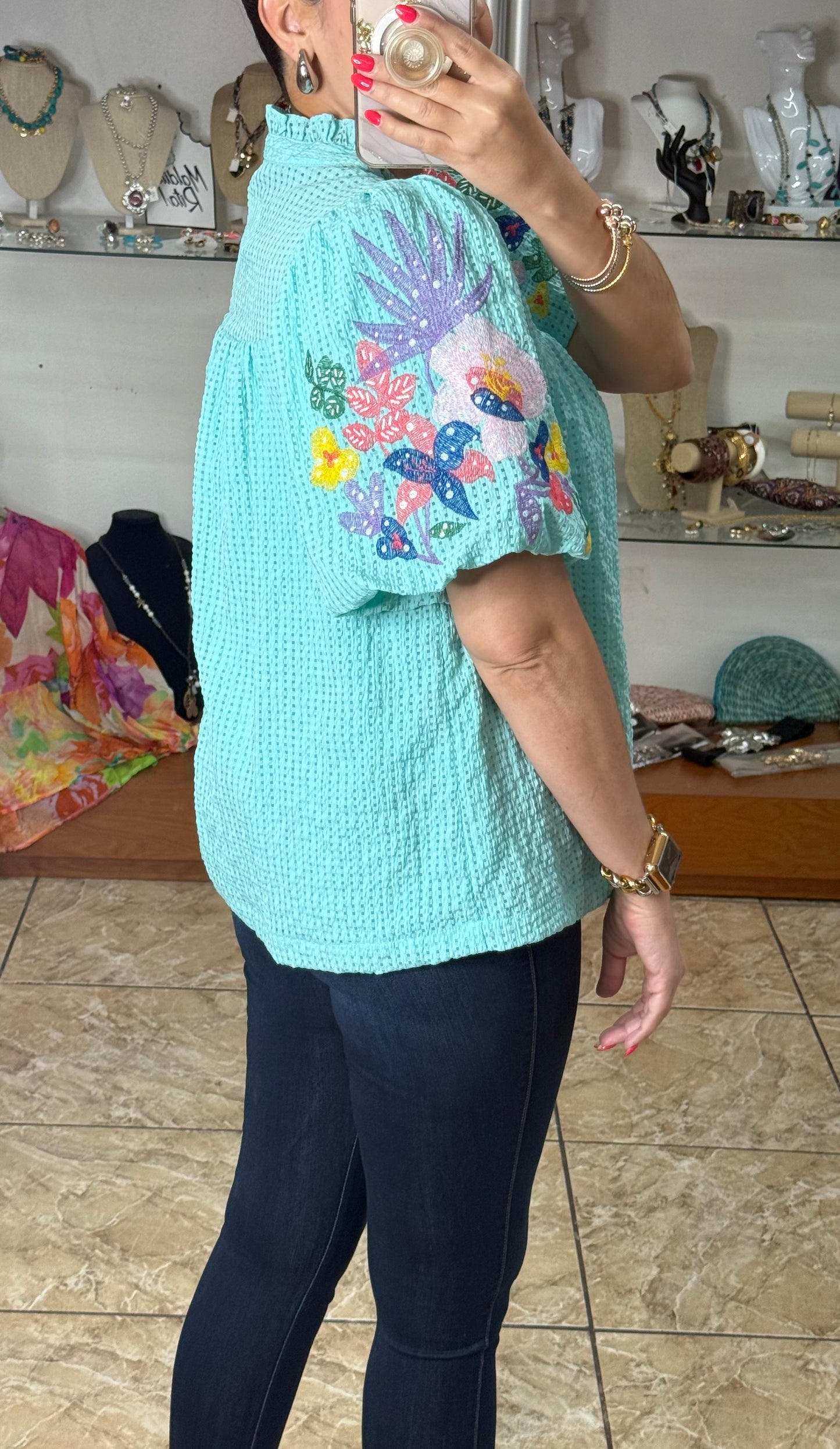 Mint Blue Embroidered Top