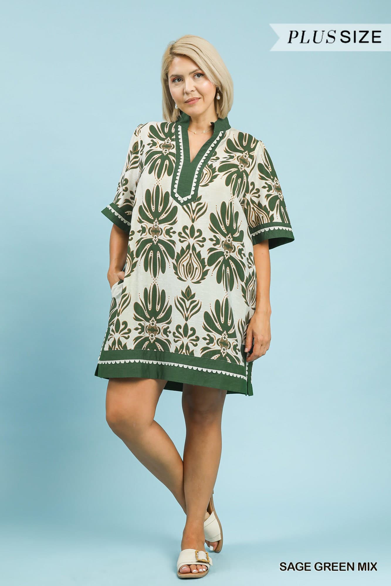 Sage Green Border Print Dress (PLUS)