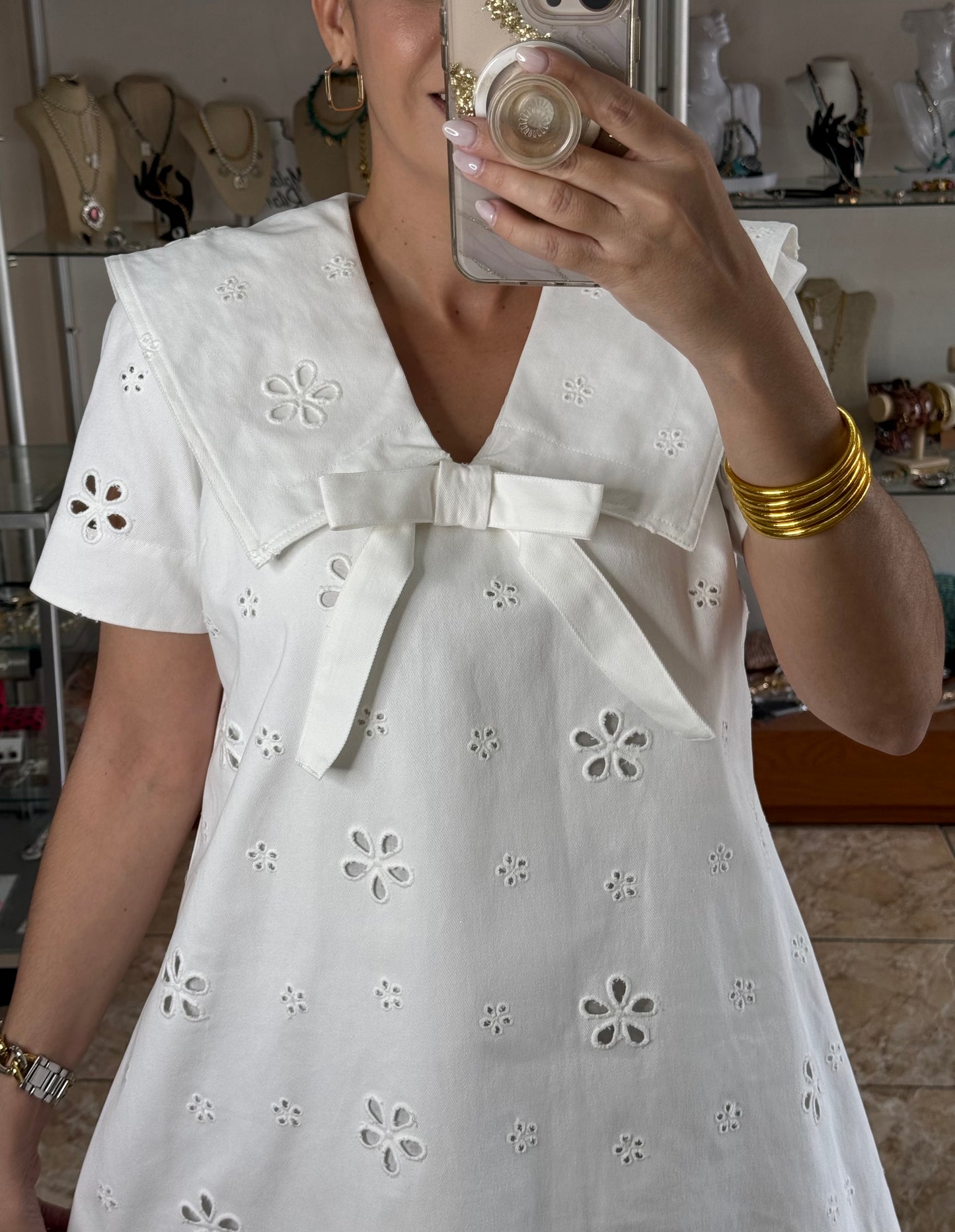 Off White Front Bow Eyelet Mini Dress (NO RETURNS OR EXCHANGE)