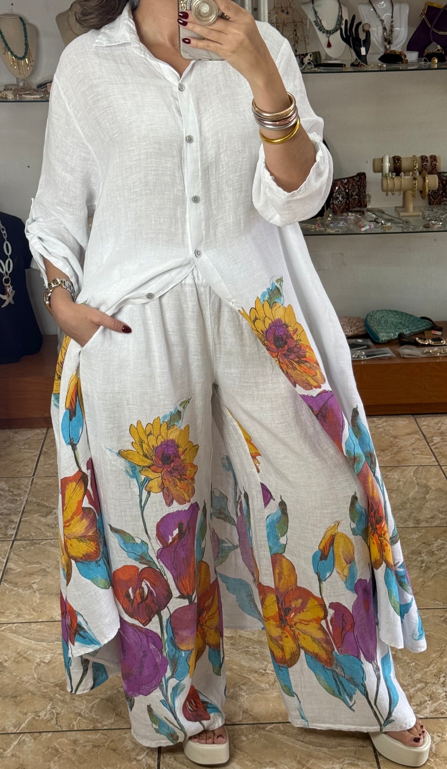 OS Shirt Dress & Pant Floral Linen Set (NO RETURNS OR EXCHANGE)