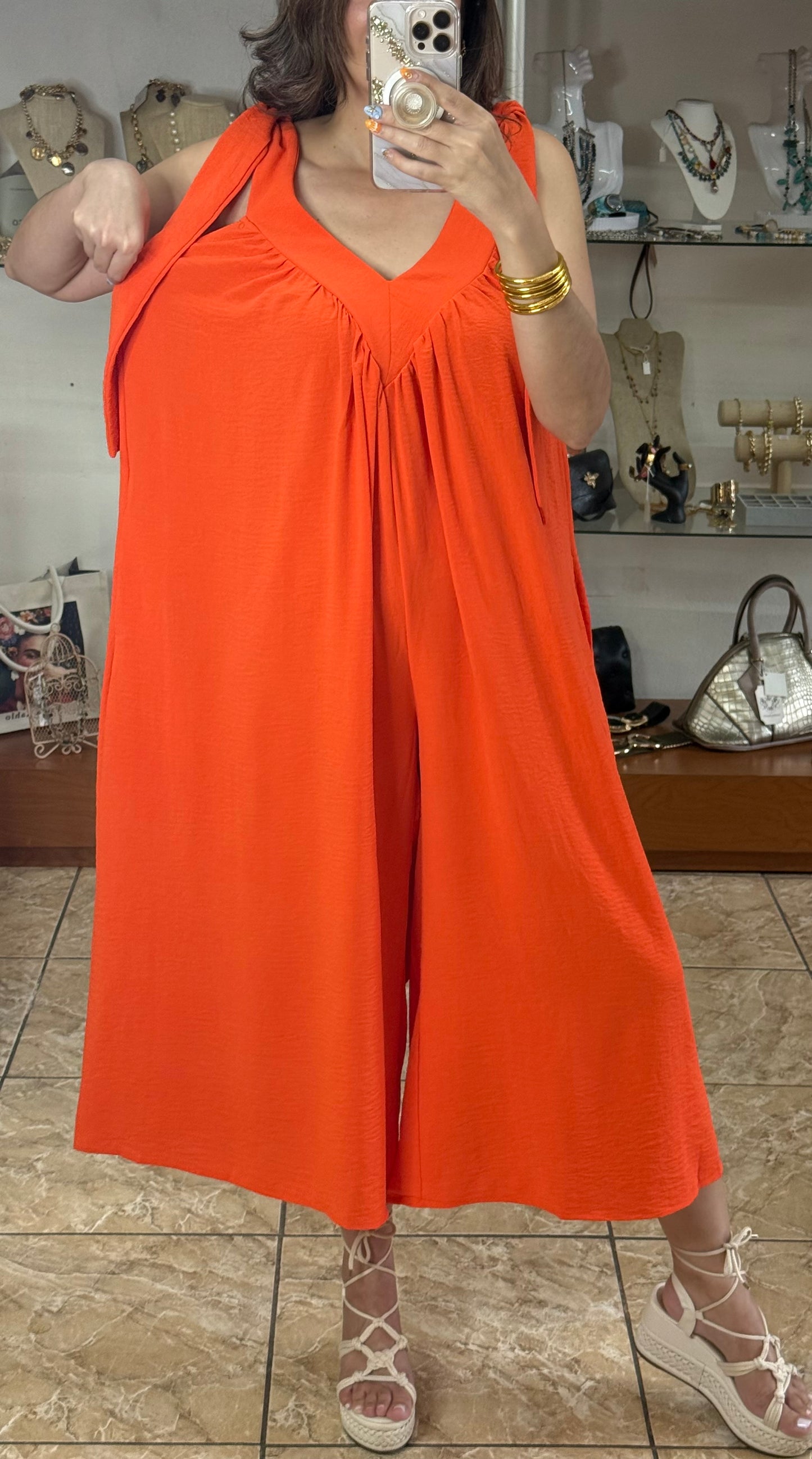 V-Neck Orange Jumpsuit