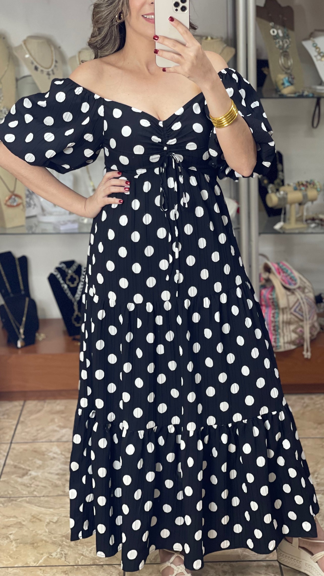 Polka Bubble Sleeve Maxi Dress