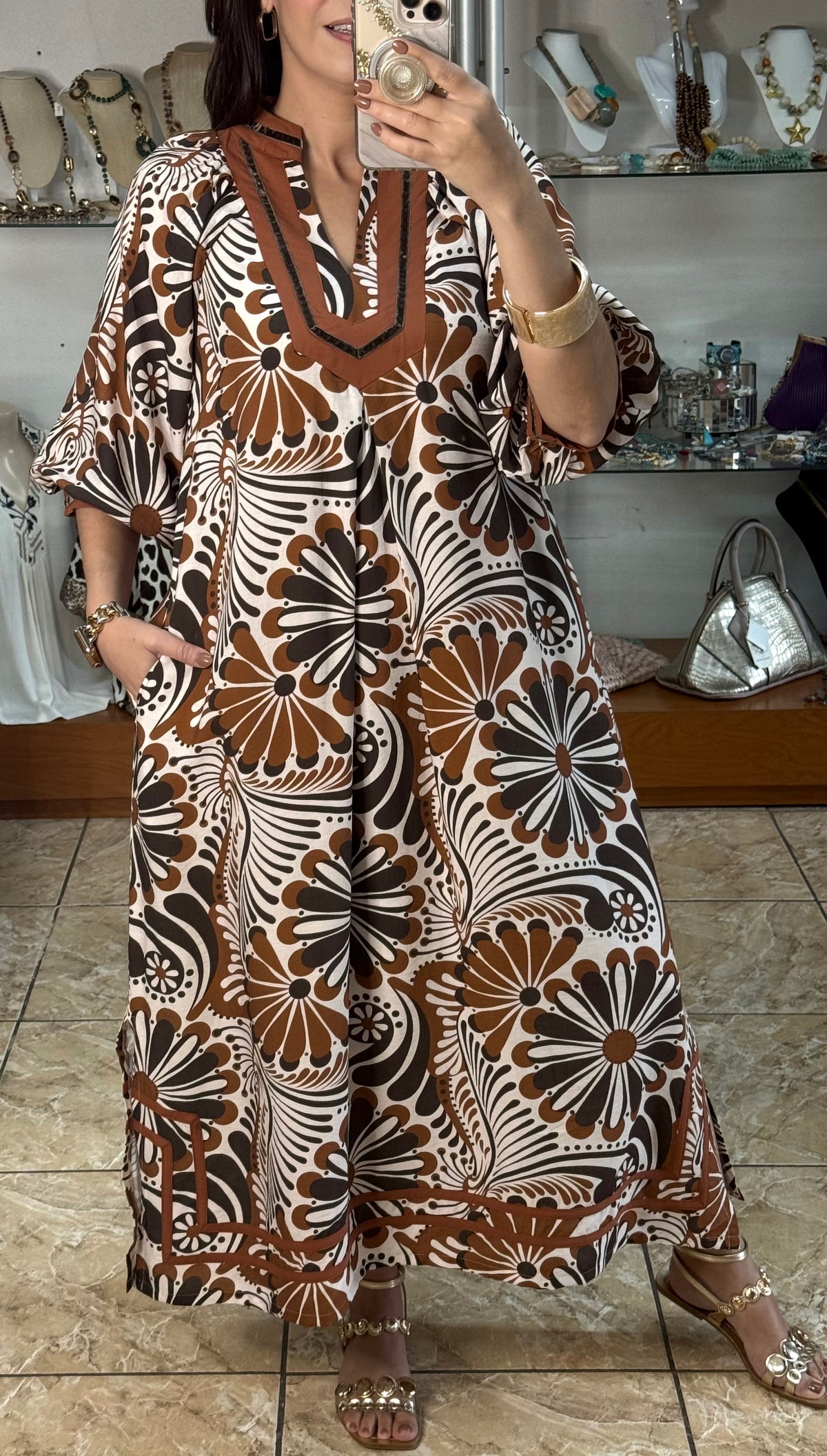 Brown Mix Abstract Print Midi Dress