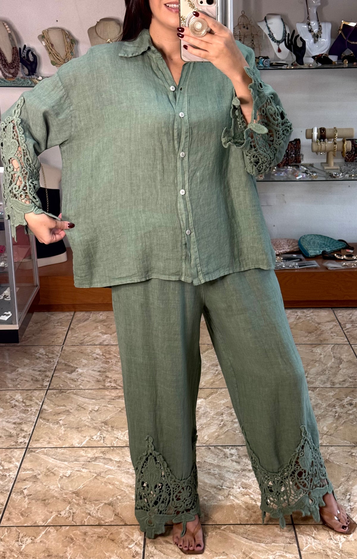 Aura Scalloped Lace/Linen Set (NO RETURNS OR EXCHANGE)