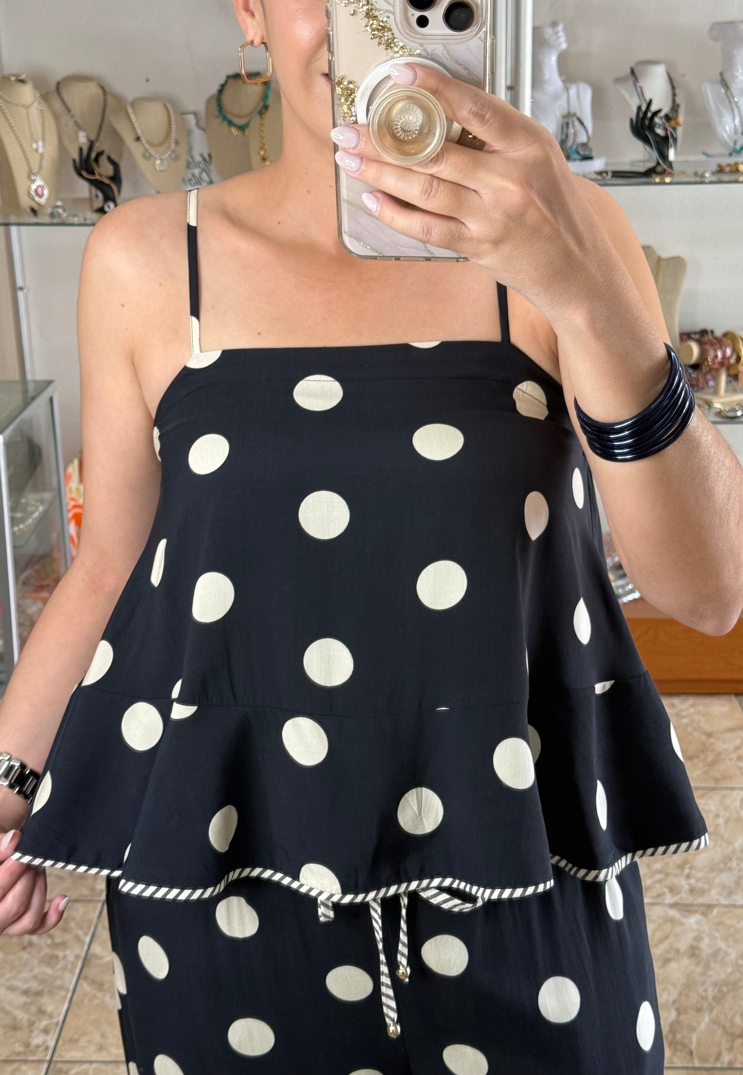 Black/Beige Polkadots Pant Set