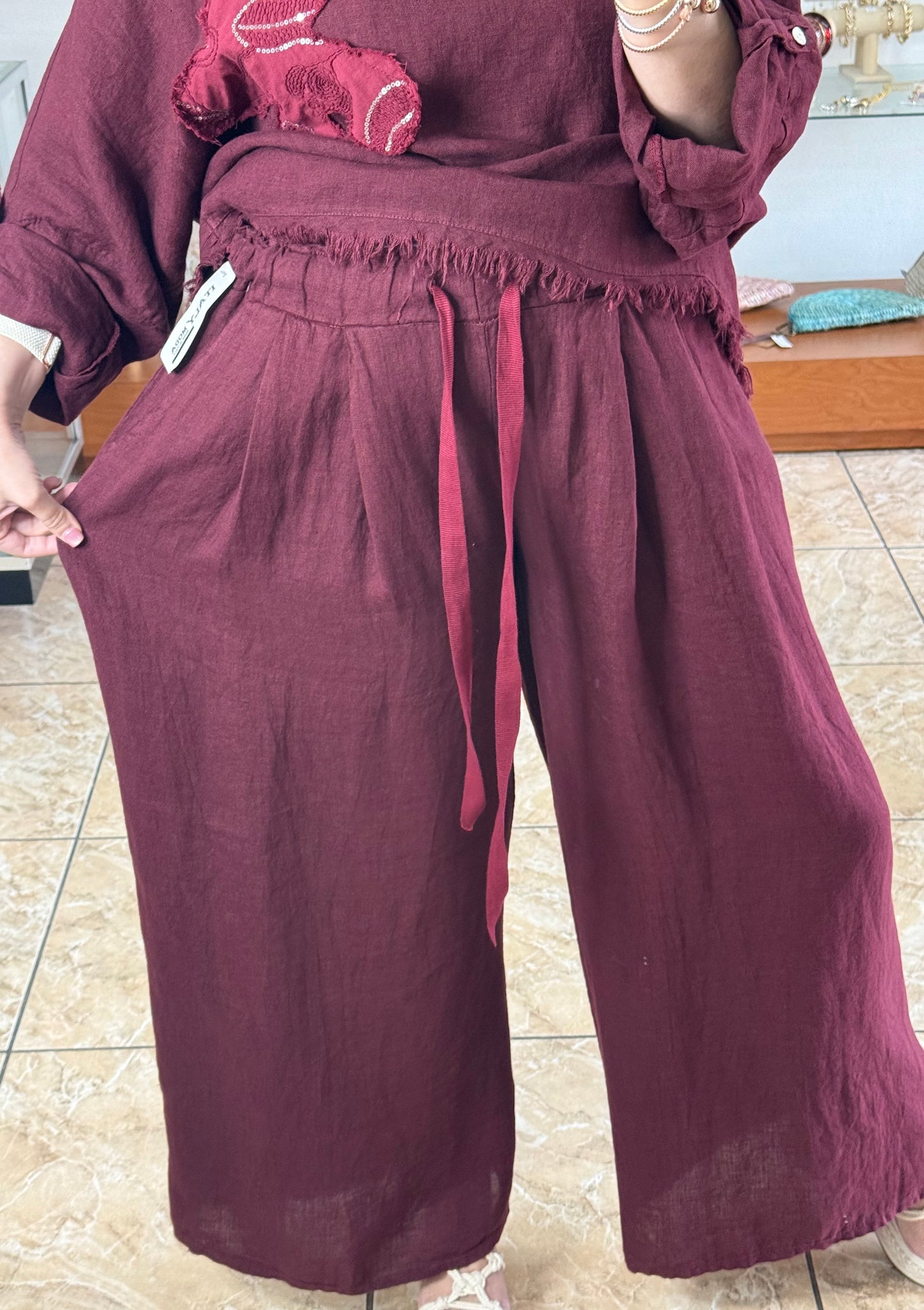 Flower Details OS Linen Pant Set (FINAL SALE)