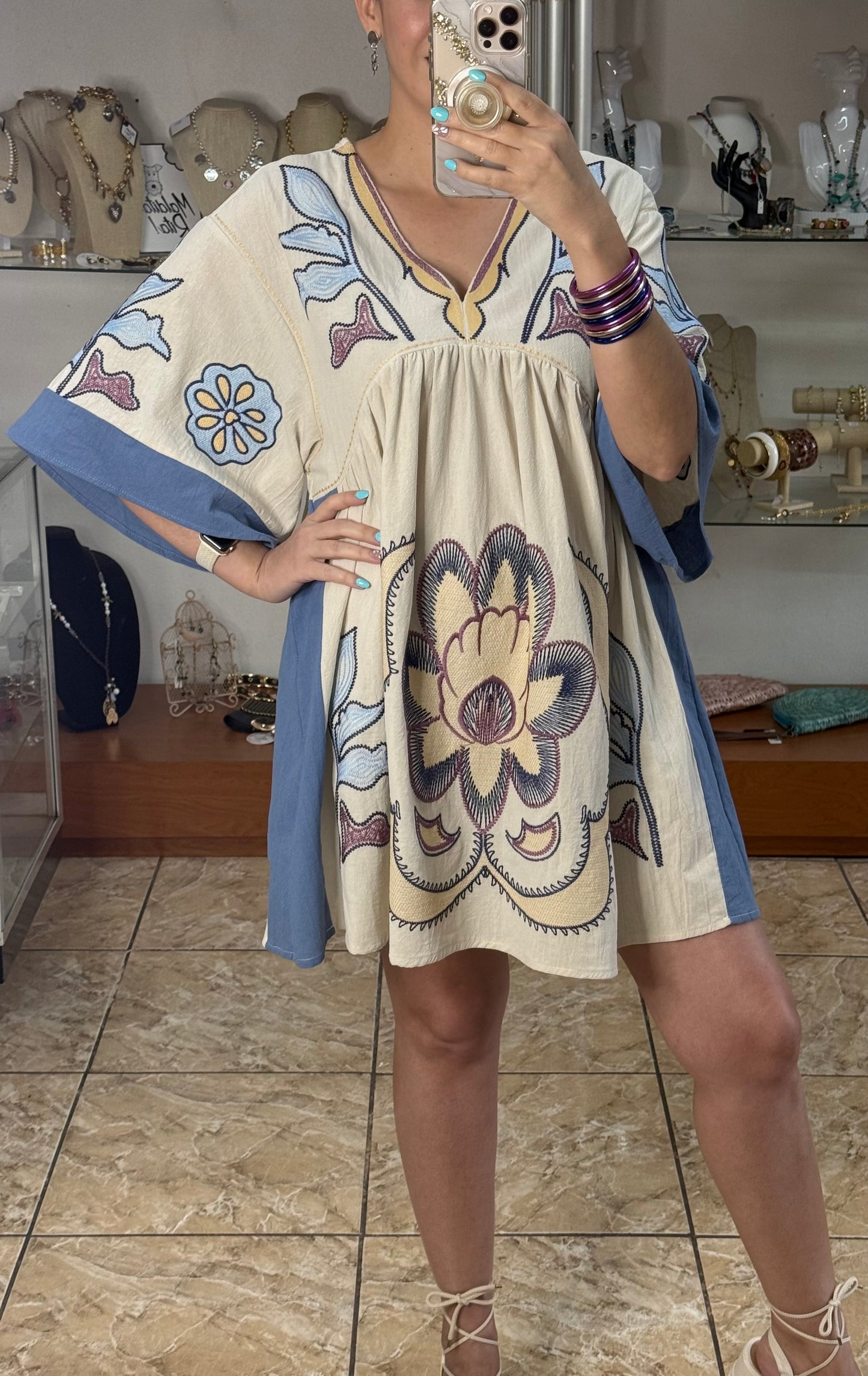 Embroidered Kaftan Mini Dress