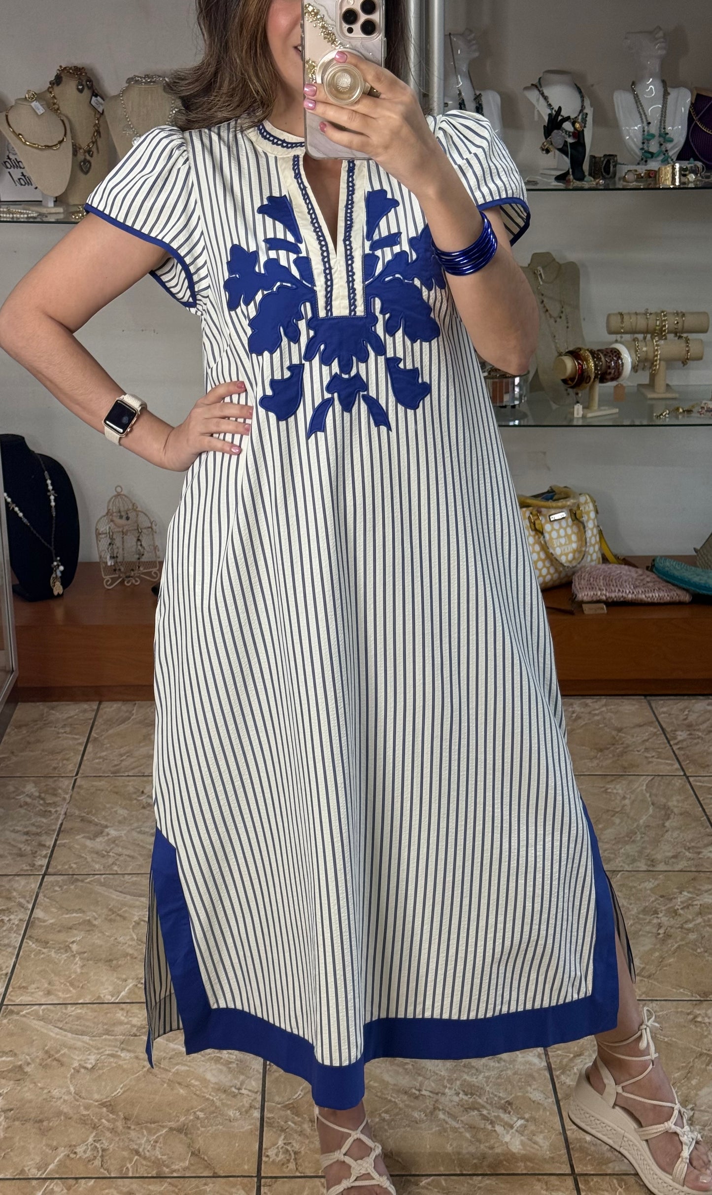 Stripes Embroidered Midi Dress