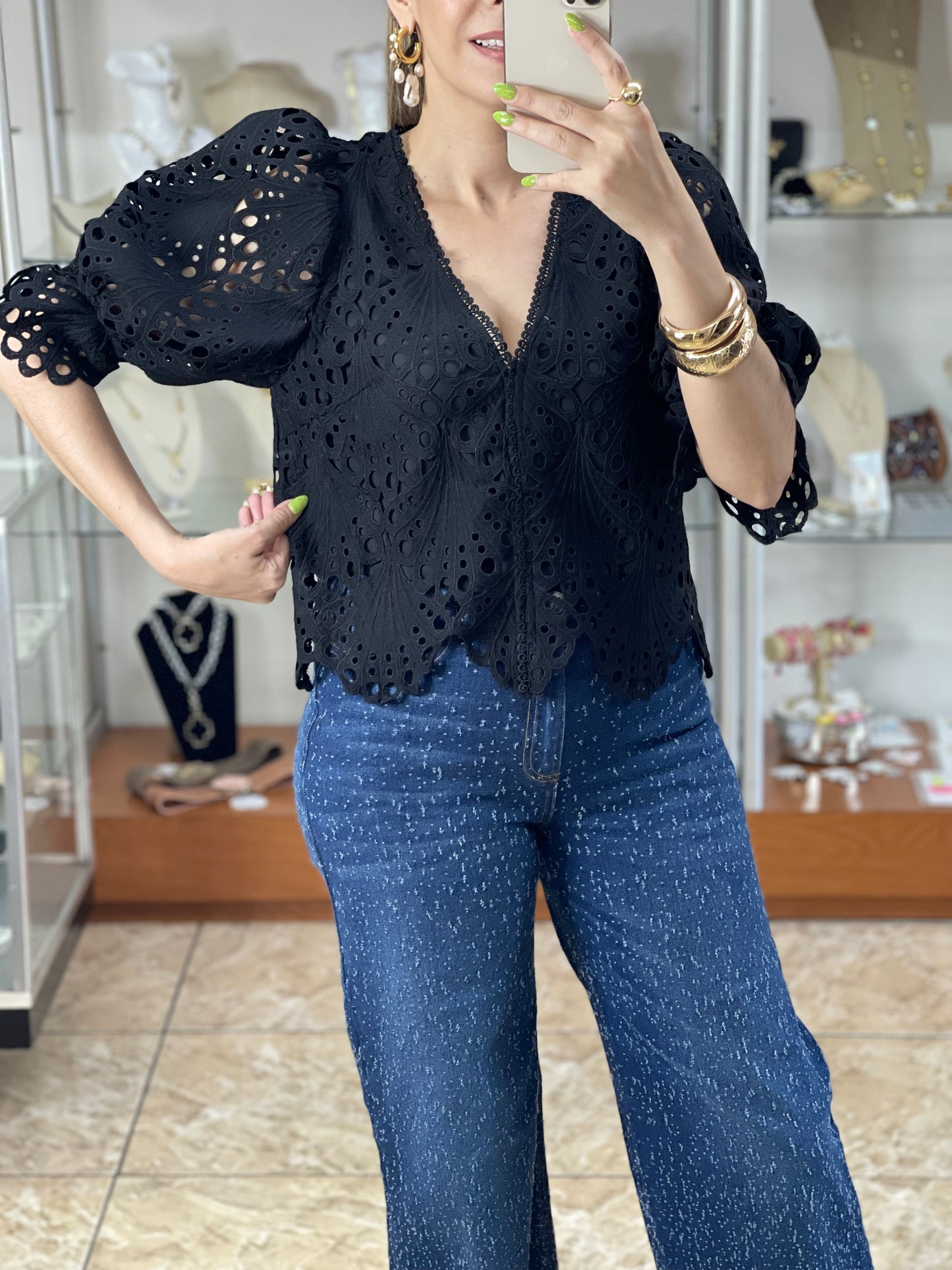 Puffy Sleeves Eyelet Top