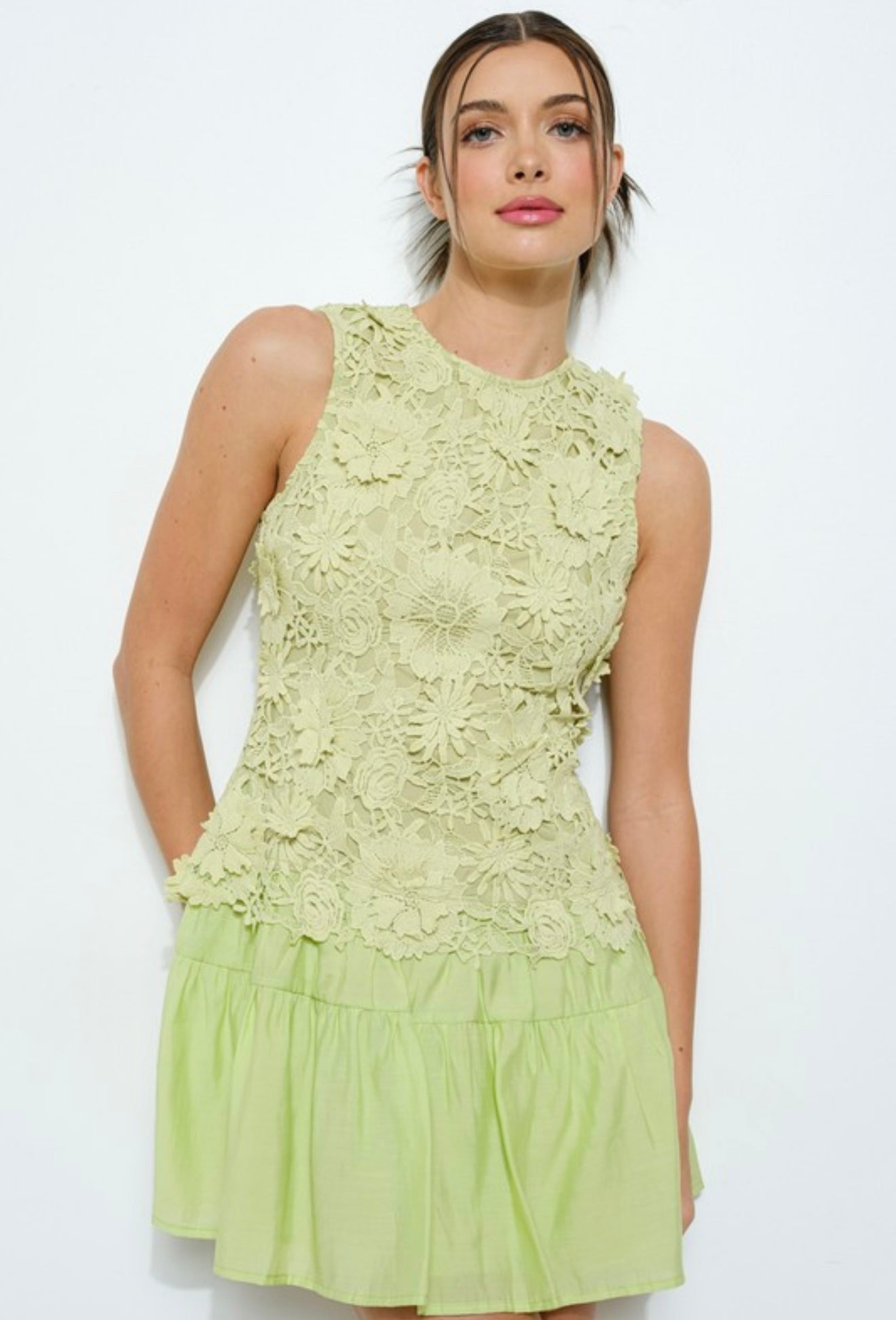 Sage Floral Lace Tiered Mini Dress