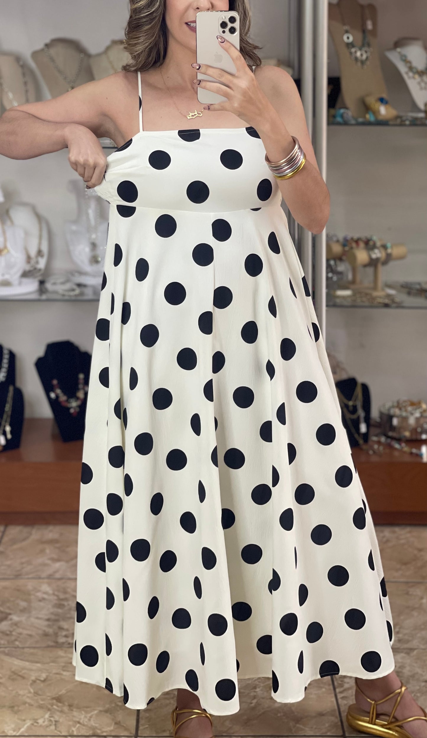 Ivory/Black Polkadot Maxi Dress