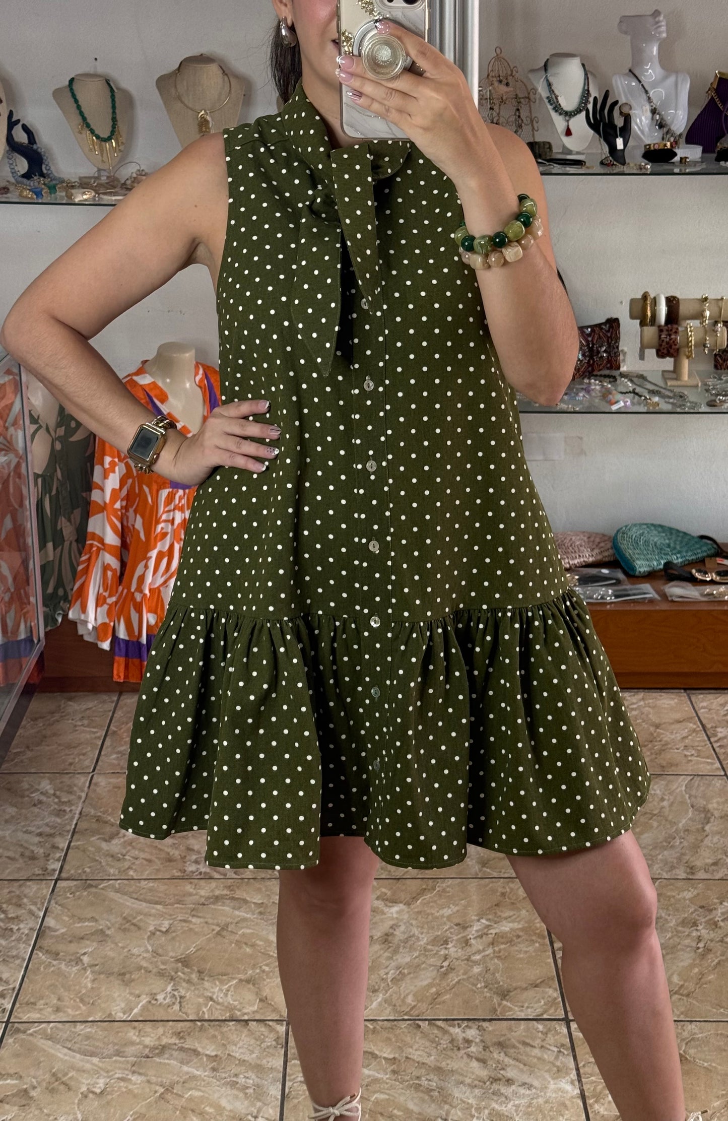 Olive Sleeveless Polkadot Mini Denim Dress